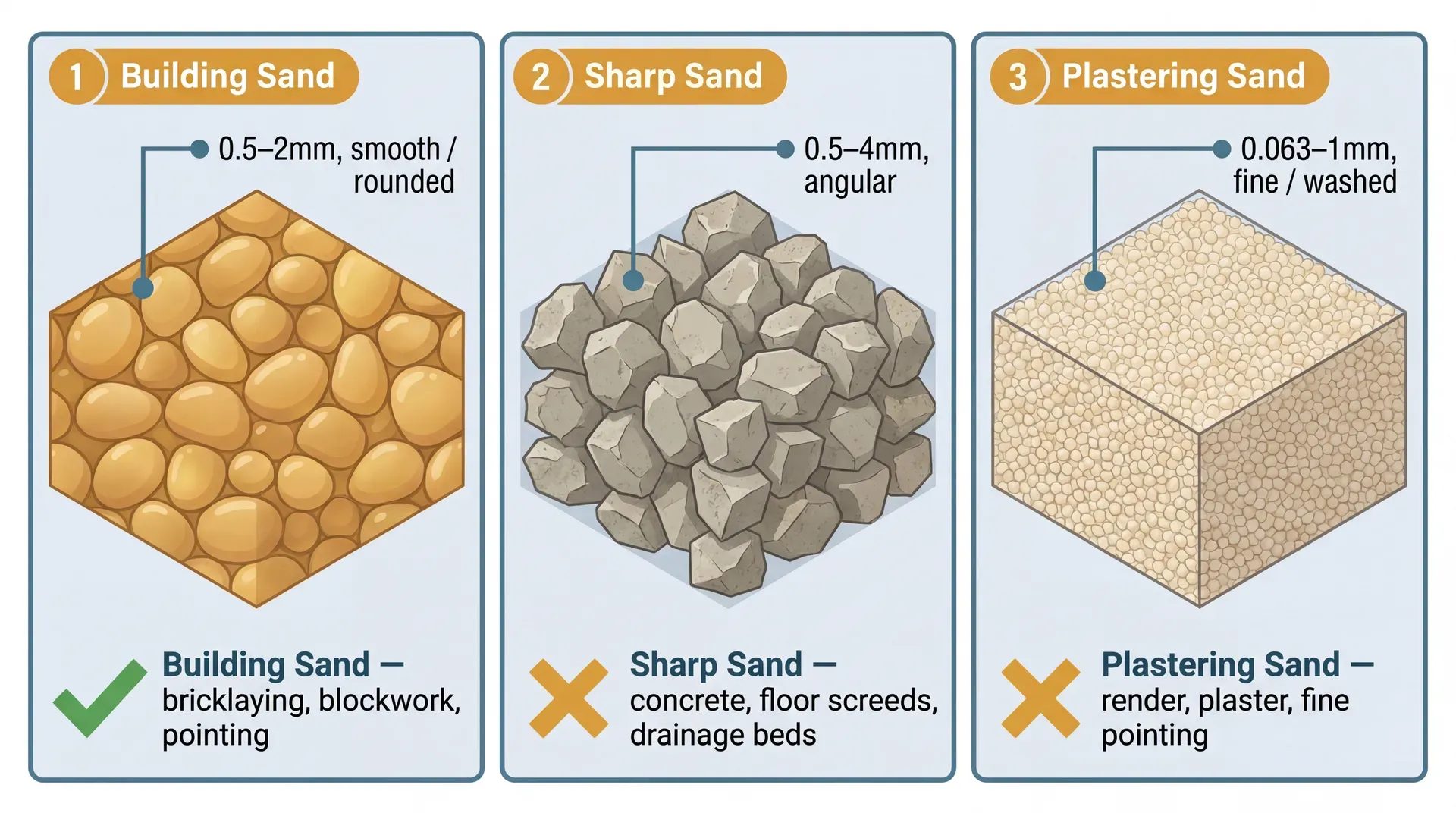 Side-by-side cross-section comparison of three sand types: building sand with smooth rounded golden grains (0.5–2mm), sharp sand with angular grey-beige grains (0.5–4mm), and plastering sand with very fine pale cream grains (0.063–1mm). Each panel shows the grain shape with labels and a tick or cross indicating suitability for bricklaying mortar.