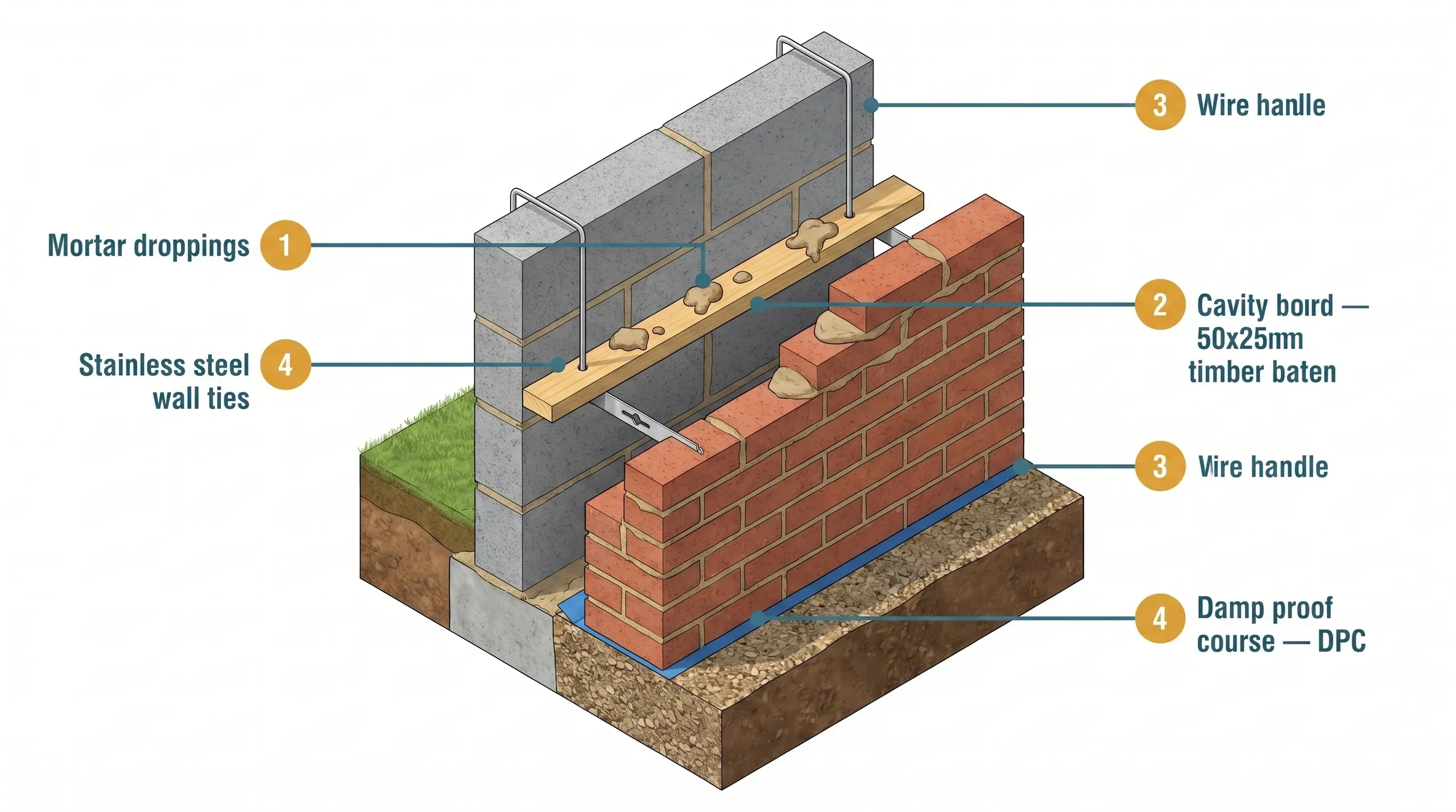 Cross-section of a cavity wall under construction showing a timber cavity board resting across wall ties, catching mortar droppings as the bricklayer lays the next course