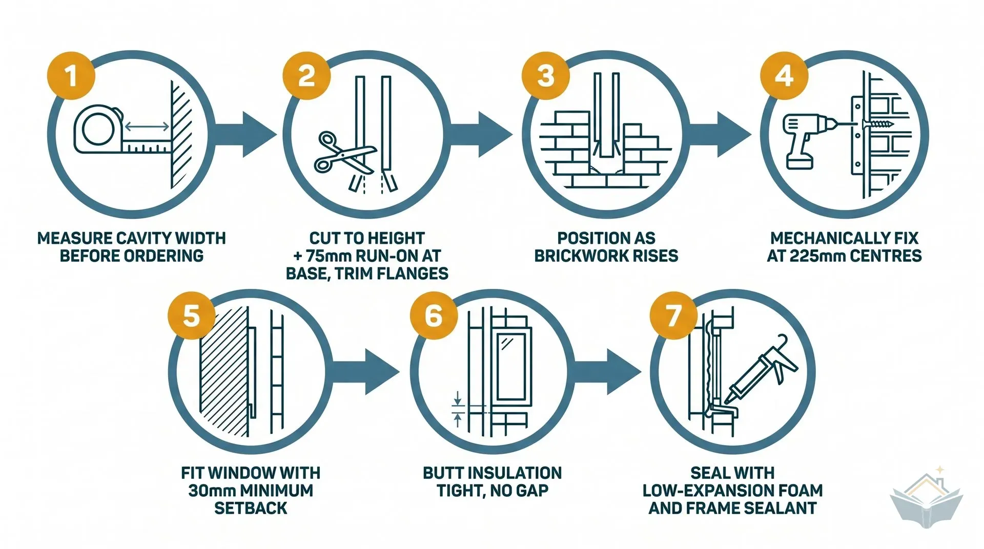Seven-step horizontal flow infographic showing the correct installation sequence for a cavity closer. Step 1: measure cavity width before ordering. Step 2: cut to height plus 75mm run-on at base and trim flanges. Step 3: position the closer as brickwork rises. Step 4: mechanically fix flanges at 225mm centres. Step 5: butt cavity insulation tight against the closer with no gap. Step 6: fit window with a minimum 30mm setback from the outer leaf. Step 7: seal with low-expansion foam and frame sealant.