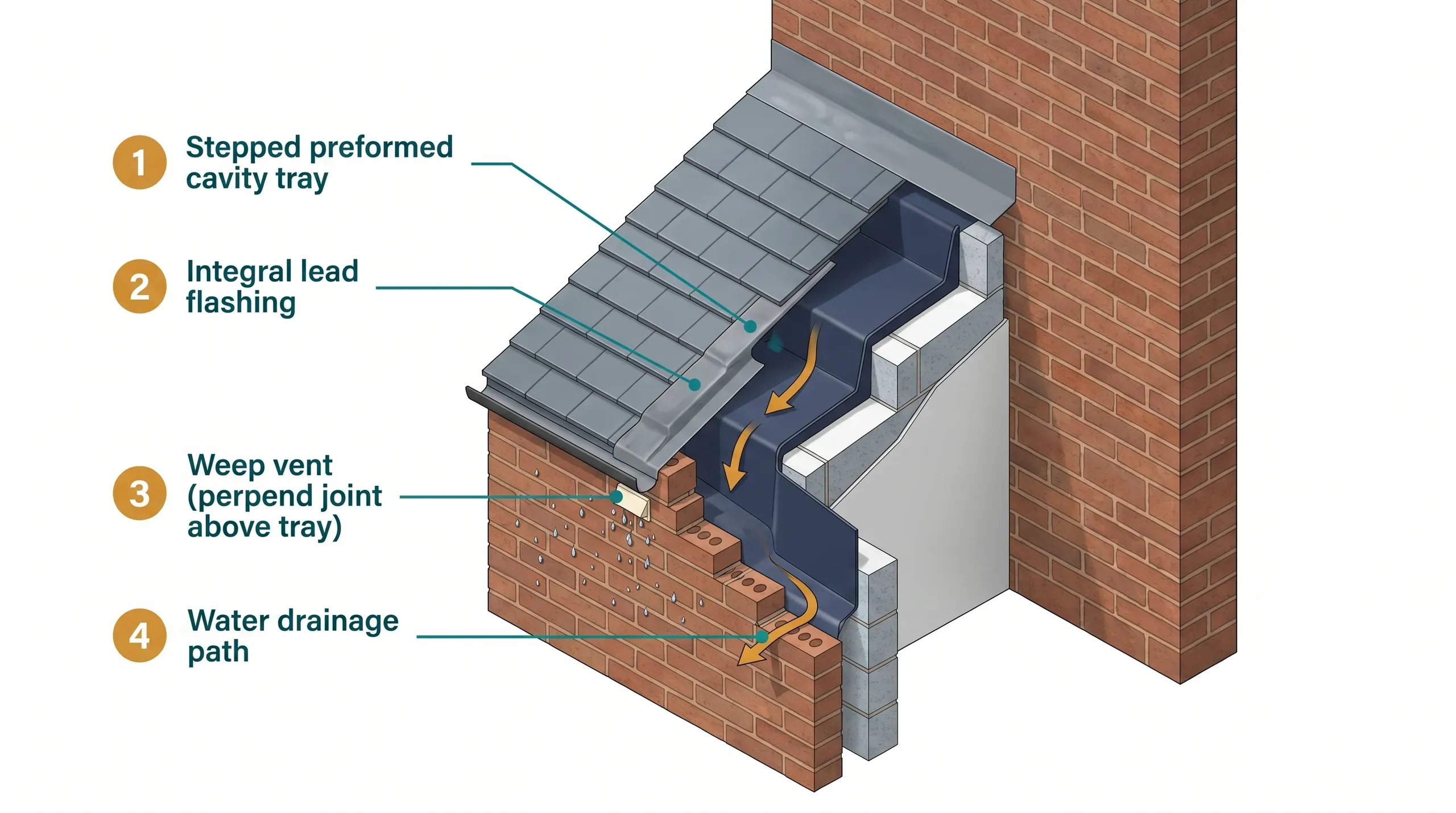 Cross-section cutaway of a cavity wall at a pitched roof abutment, showing a stepped preformed cavity tray with integral lead flashing dressing over the roof tiles, weep vents drilled in the outer brick leaf, and water flow arrows directing moisture out of the cavity