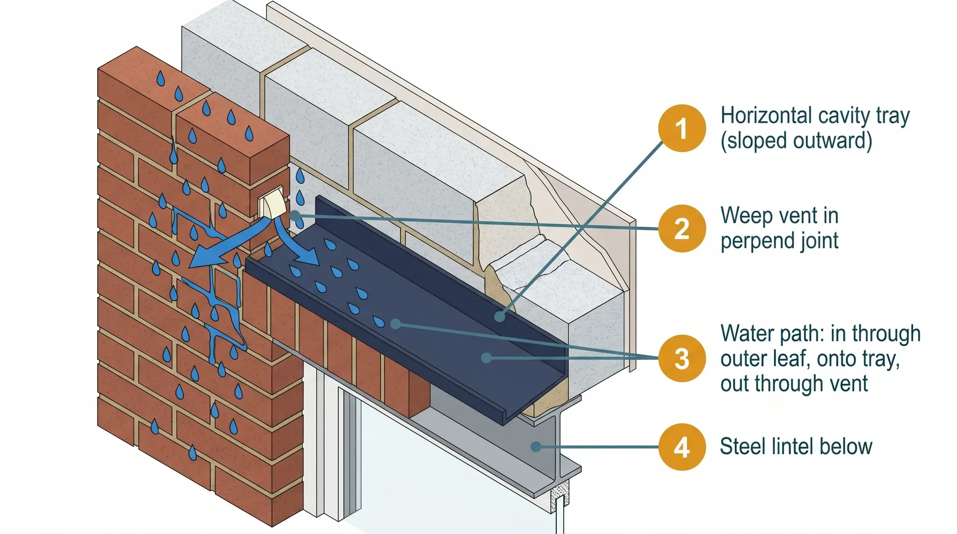 Cross-section diagram of a cavity wall above a window lintel, showing rainwater penetrating the outer brick leaf, running down inside the cavity, being caught by a horizontal cavity tray, and draining out through weep vents in the perpend mortar joints below the tray's outer edge. Inner blockwork stays dry.