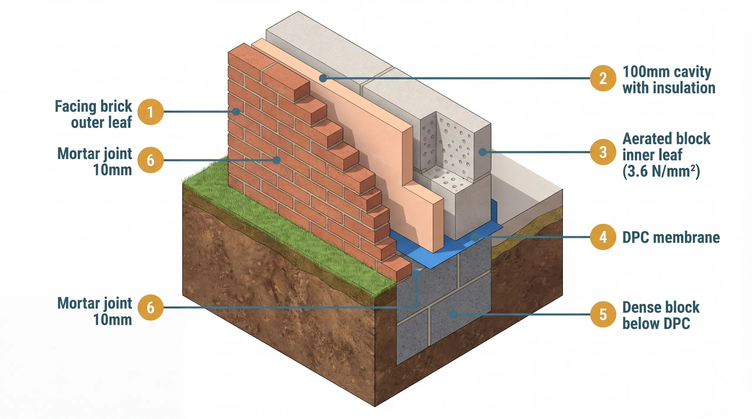 Isometric cutaway of a UK cavity wall above DPC showing aerated block inner leaf in warm light grey, facing brick outer leaf in terracotta, rigid insulation in the cavity, DPC membrane at base, and dense blocks below DPC, annotated with six numbered callouts