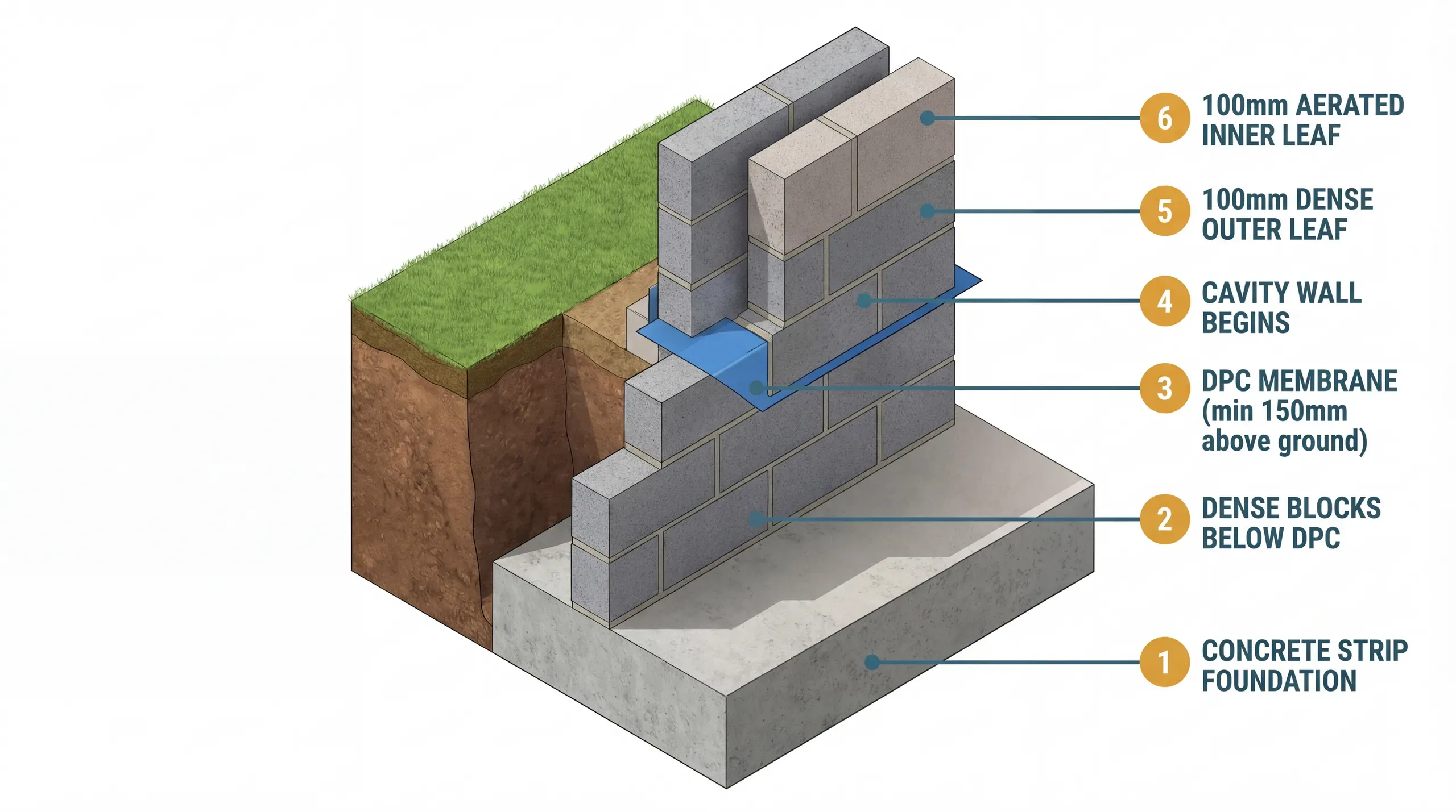 Isometric cutaway diagram of a 100mm dense concrete block cavity wall showing strip foundation, dense blocks below DPC, DPC membrane, and cavity wall above with dense outer leaf and aerated inner leaf