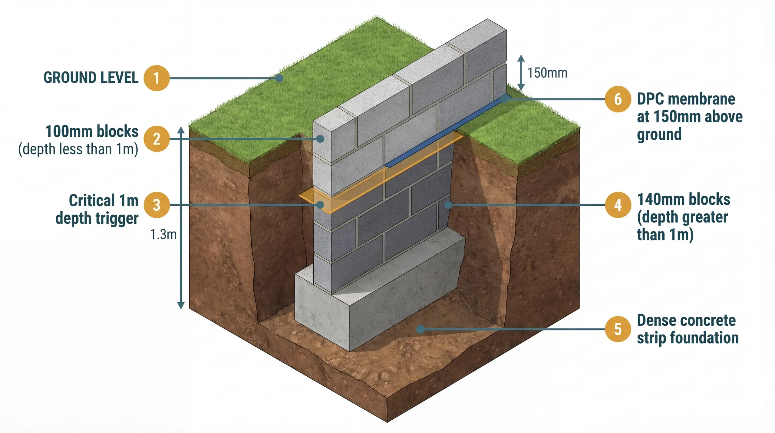 140mm dense concrete blocks stacked on a pallet beside a foundation trench, showing the greater width compared to standard 100mm blocks