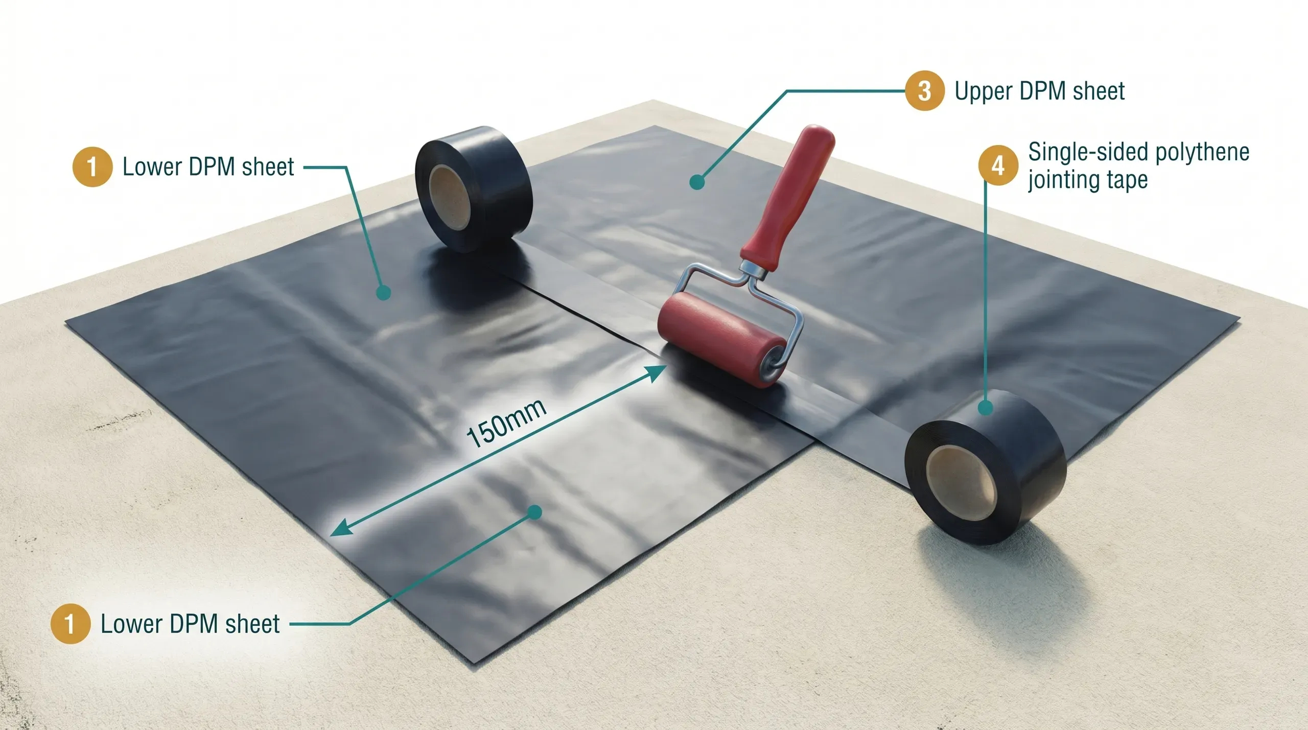 Roll of black single-sided DPM jointing tape laid across a 150mm overlap between two sheets of 1200 gauge polythene damp proof membrane on a sub-base, with a tape roller alongside, photographed under workshop lighting