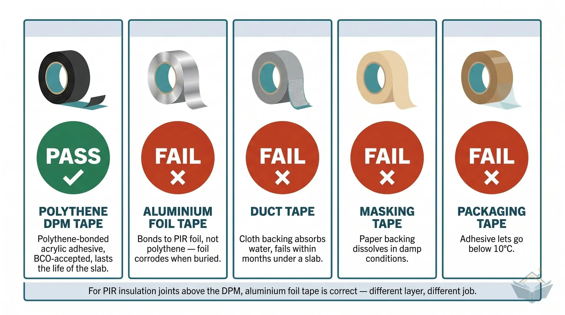 Side-by-side comparison dashboard showing five tape types for sealing DPM joints. From left to right: polythene DPM tape with a green PASS badge, aluminium foil tape with a red FAIL badge, duct tape with a red FAIL badge, masking tape with a red FAIL badge, and packaging tape with a red FAIL badge. Each card includes a short explanation of why the tape passes or fails. A footer note explains that foil tape is correct for PIR insulation joints above the DPM.