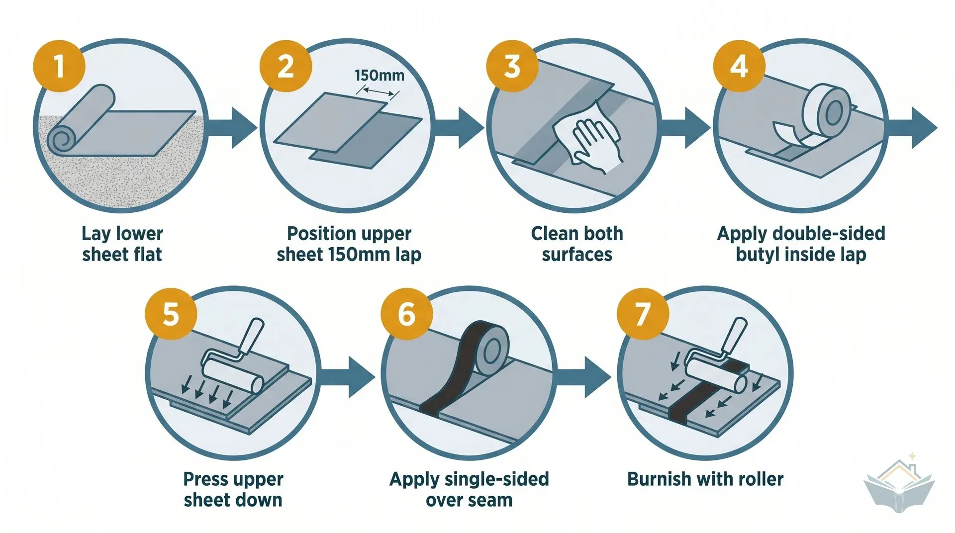 Seven-step horizontal flow infographic showing the correct sequence for sealing a DPM lap joint using the two-tape system. Steps progress left to right: lay lower sheet flat, position upper sheet with 150mm lap, clean both surfaces, apply double-sided butyl inside the lap, press the upper sheet down, apply single-sided polythene tape over the seam edge, then burnish the tape with a hand roller.