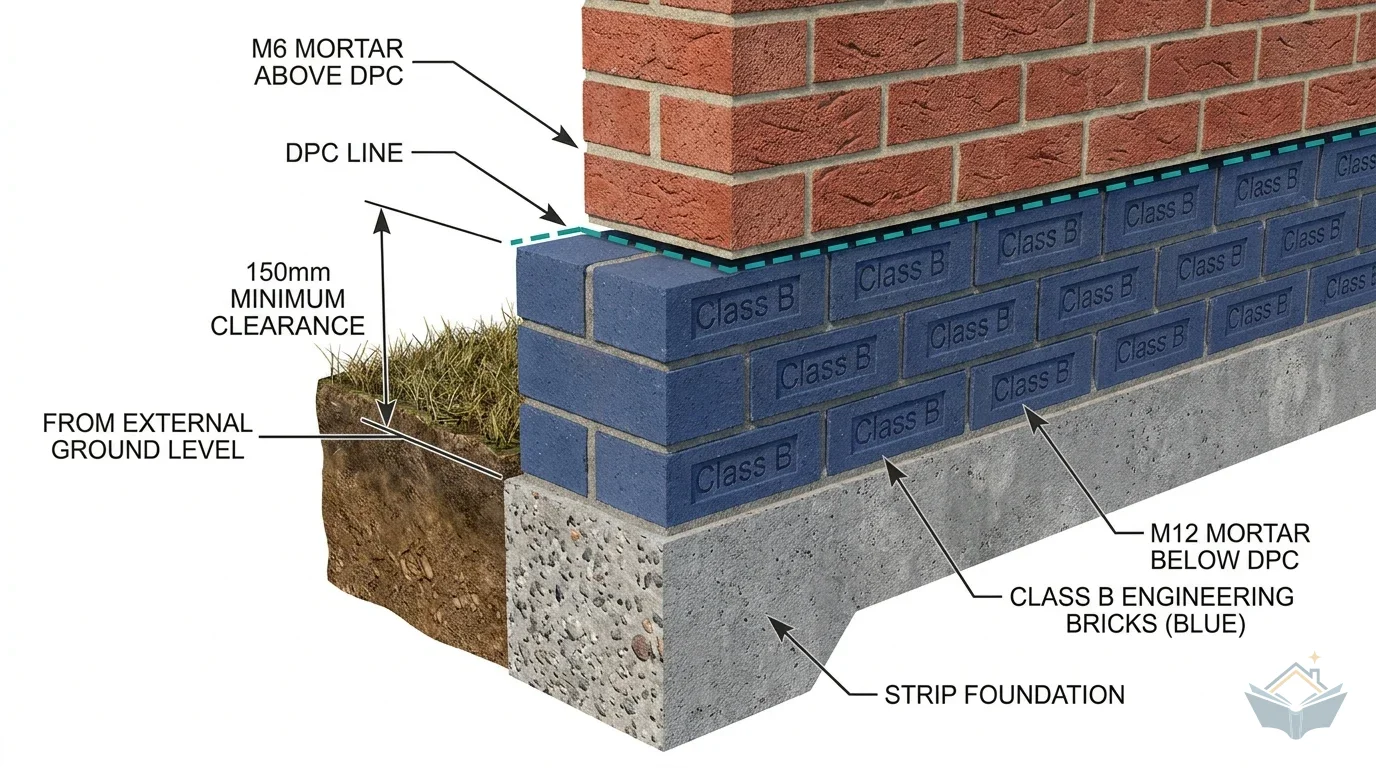 Isometric cutaway cross-section of an extension wall base showing three courses of deep blue Class B engineering bricks above the concrete strip foundation, with a dashed teal DPC line and red facing brickwork above. Annotated callouts identify the strip foundation, Class B engineering bricks, M12 mortar below DPC, DPC line, M6 mortar above DPC, and a dimension arrow showing 150mm minimum clearance from external ground level to DPC.