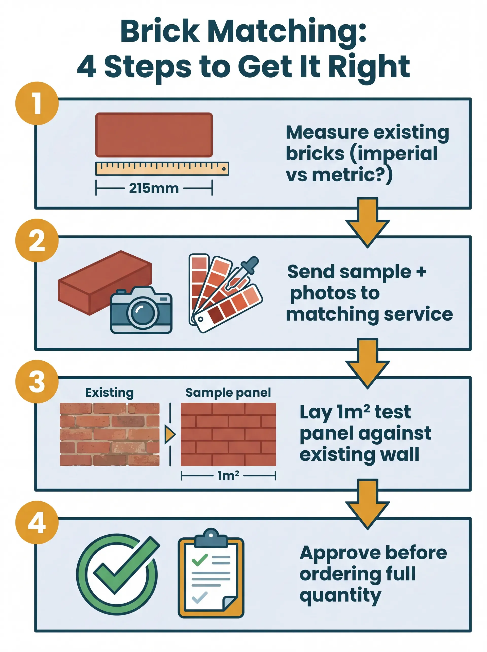 Flat vector infographic showing four numbered vertical steps for matching existing brickwork: Step 1 shows measuring a brick with a tape measure to determine imperial vs metric sizing. Step 2 shows sending a brick sample and photos to a matching service. Step 3 shows laying a 1m² test panel against existing brickwork for visual comparison. Step 4 shows approval of the panel before placing the full order.