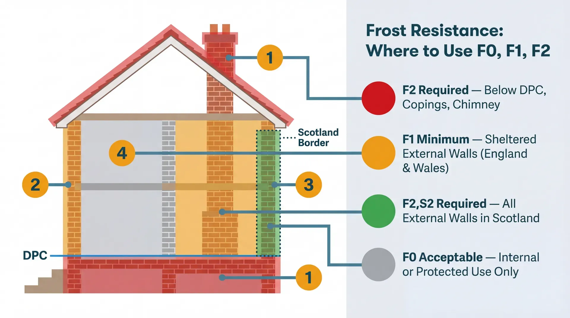 Flat vector infographic showing a two-storey house elevation with four highlighted zones indicating where F0, F1, and F2 frost resistance categories apply. Red zones mark below the DPC, copings, and chimney as requiring F2. Amber marks general sheltered external walls as F1 minimum. Green indicates all external brickwork in Scotland requires F2,S2. Grey indicates internal protected use where F0 is acceptable. A thin blue DPC line is marked across the wall.