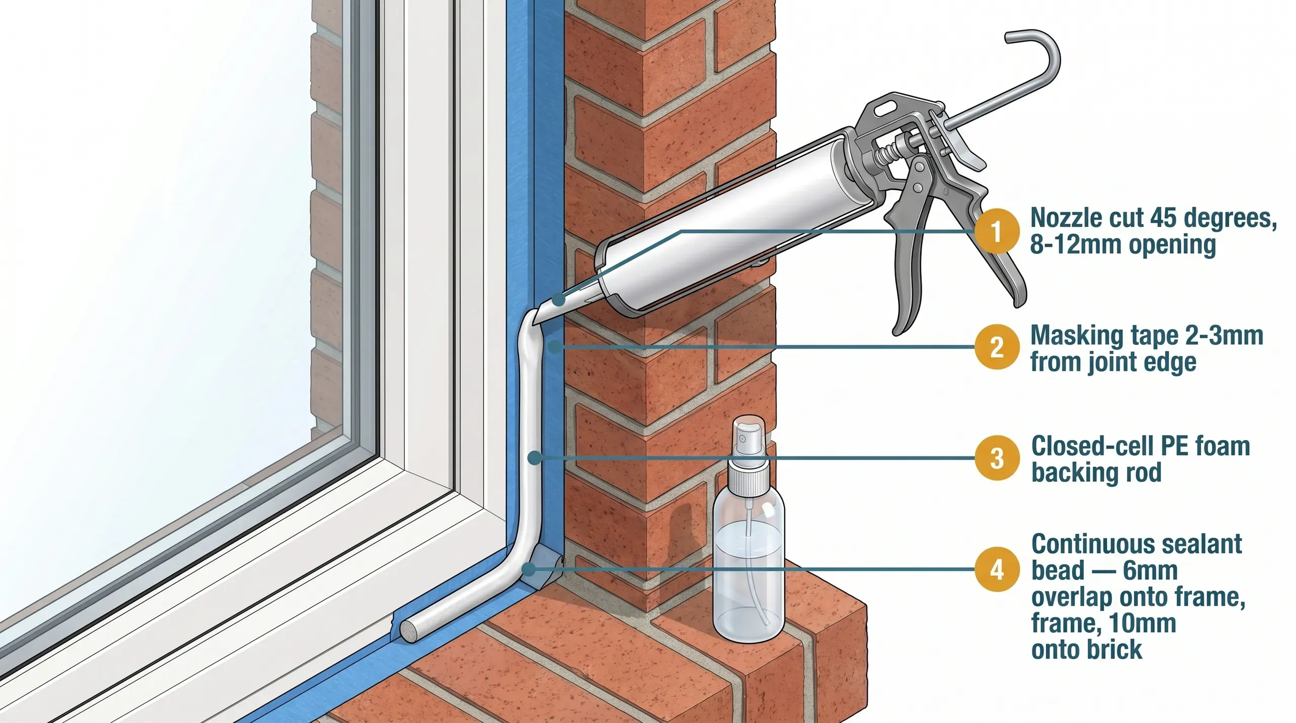 Skeleton sealant gun applying a continuous bead of low-modulus silicone along the vertical joint between a uPVC window frame and brick reveal, with masking tape either side of the joint and a closed-cell foam backing rod just visible at the base