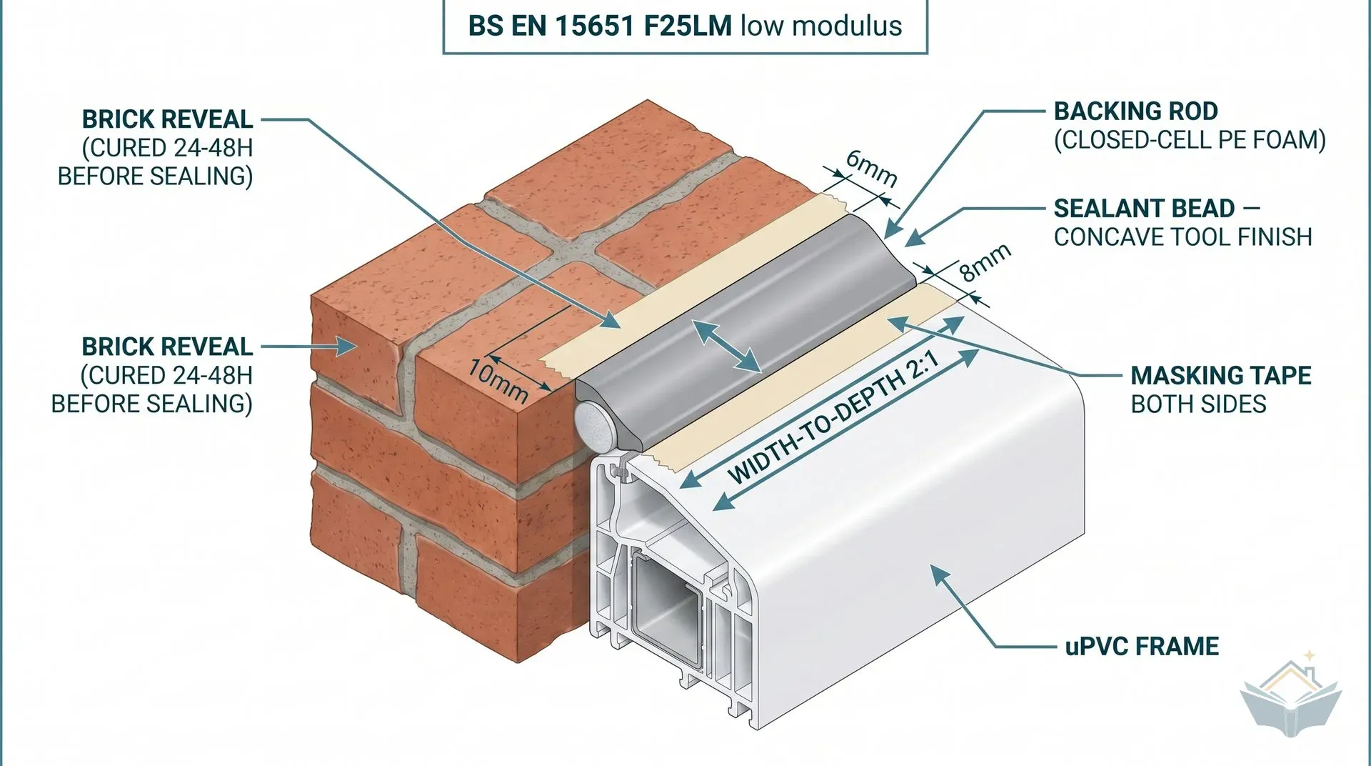 Isometric cutaway cross-section through an 8mm sealant joint between a brick reveal and a uPVC window frame, showing a compressed closed-cell PE foam backing rod at the rear of the joint, a concave mid-grey sealant bead in front of it with 6mm overlap onto the frame and 10mm onto the brick, and masking tape strips on both sides of the joint. A banner above reads BS EN 15651 F25LM low modulus.