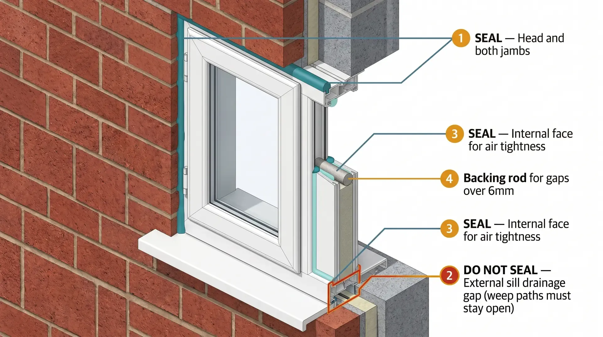 Isometric cutaway cross-section of a window installed in a cavity wall showing where to seal and where not to seal. Teal highlights mark the head and both jambs as SEAL zones. An amber highlight marks the external sill gap as DO NOT SEAL, preserving weep drainage paths. A backing rod is shown at one jamb.