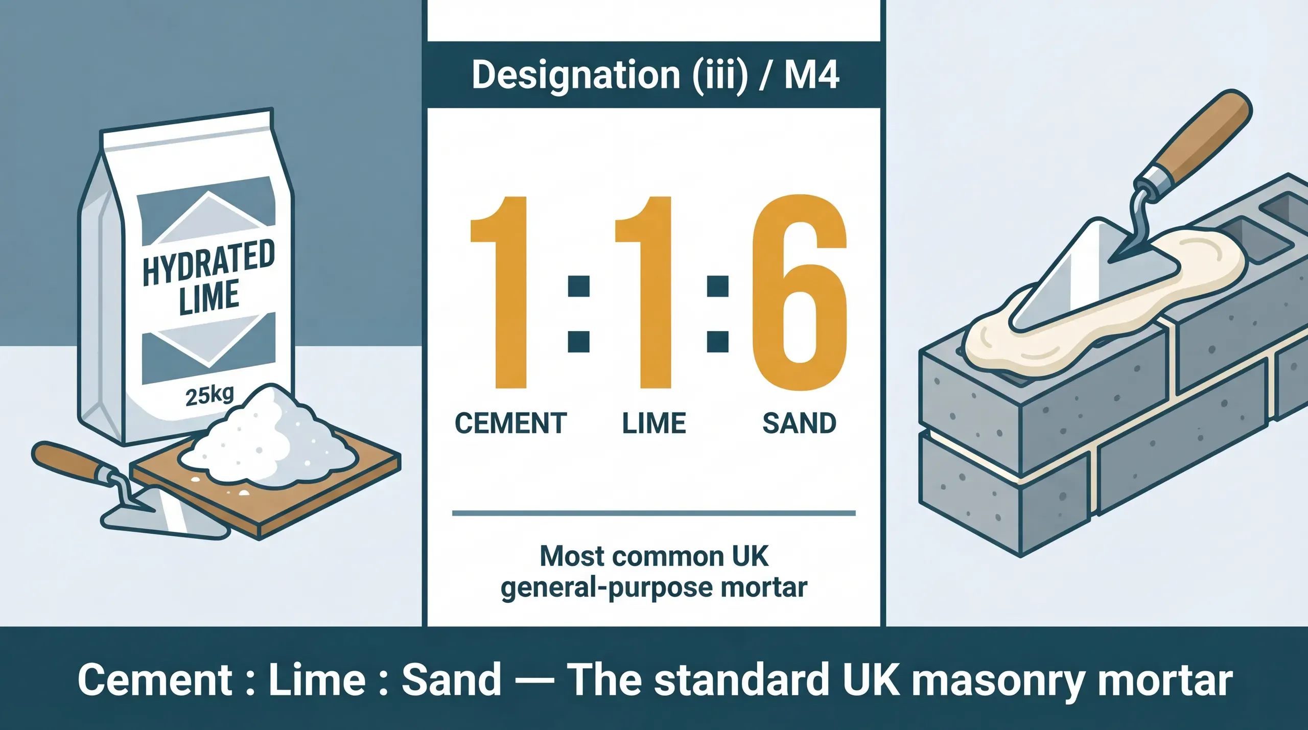 Open 25kg bag of hydrated lime powder on a building site workbench, with a trowel and mortar mixing board alongside, showing the fine white powder characteristic of builder's lime