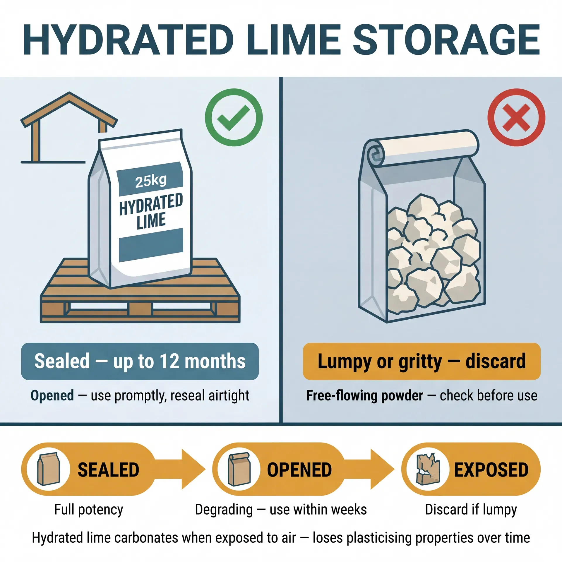 Two-panel infographic comparing correct hydrated lime storage (sealed 25kg bag on a pallet under cover, labelled up to 12 months) versus degraded lime (open bag with lumpy contents, labelled discard if lumpy). A three-stage degradation timeline below shows sealed, opened, and exposed states with notes on potency loss.
