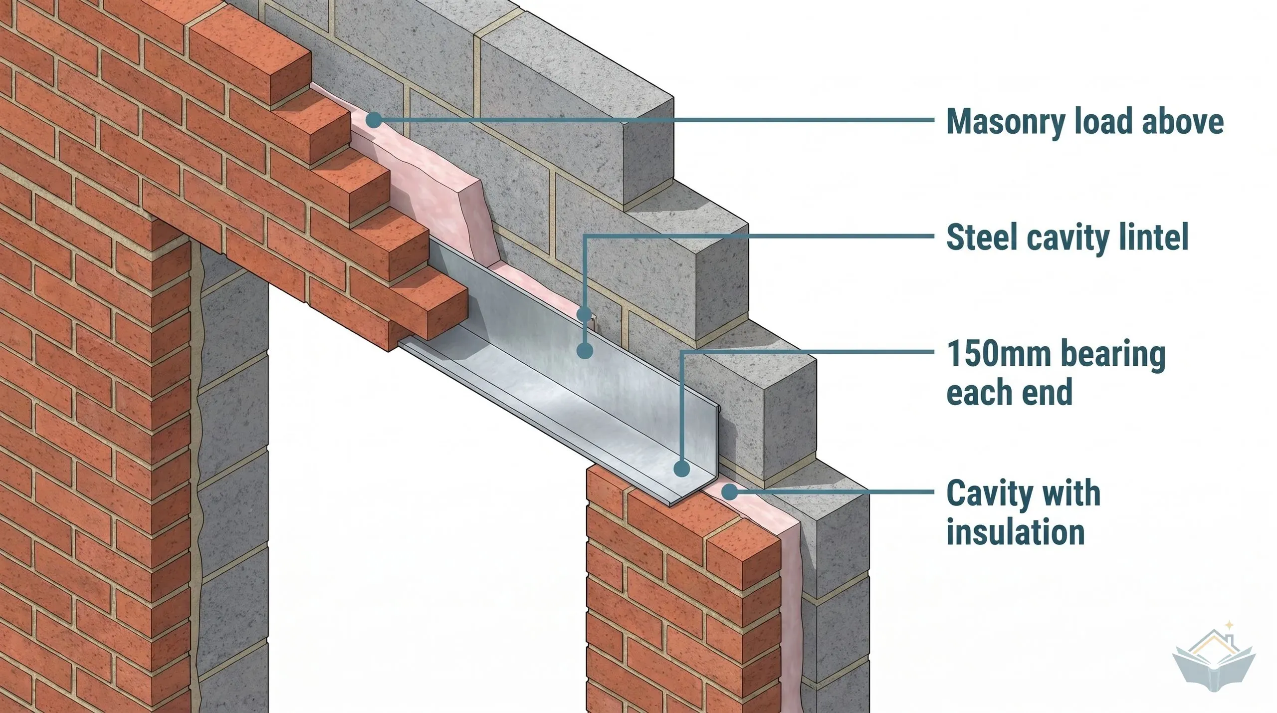 Annotated cross-section of a cavity wall opening showing a steel cavity lintel, the TOP orientation marking, the bearing length at each end, the cavity tray upstand, and a weephole in the outer leaf