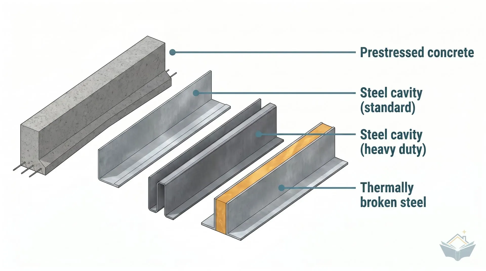 Four lintel types shown side by side: a grey prestressed concrete lintel with reinforcement wires at the base, a galvanised steel cavity lintel with its sloped tray profile, a thicker heavy-duty steel lintel, and a thermally broken lintel with a visible insulation layer between the steel faces.