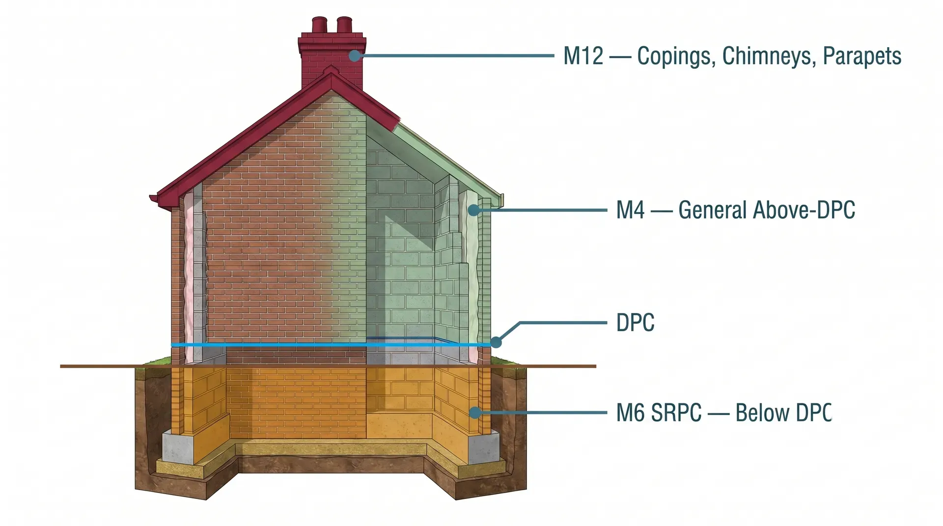 Technical cross-section of a UK house elevation showing colour-coded mortar designation zones: red at chimney and copings (M12), green on the main wall above DPC (M4), a blue horizontal DPC line, and amber below the DPC into the foundations (M6 SRPC).