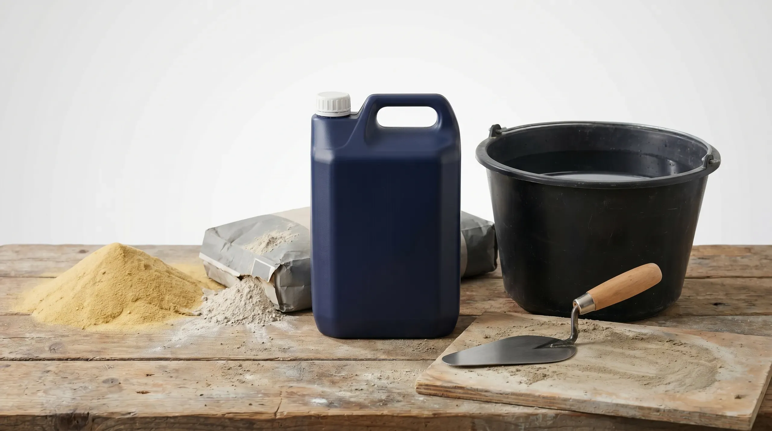 5-litre bottle of liquid mortar plasticiser standing next to a builders bucket of gauging water on a workbench, with a paper bag of Portland cement and a small heap of soft building sand visible in the background