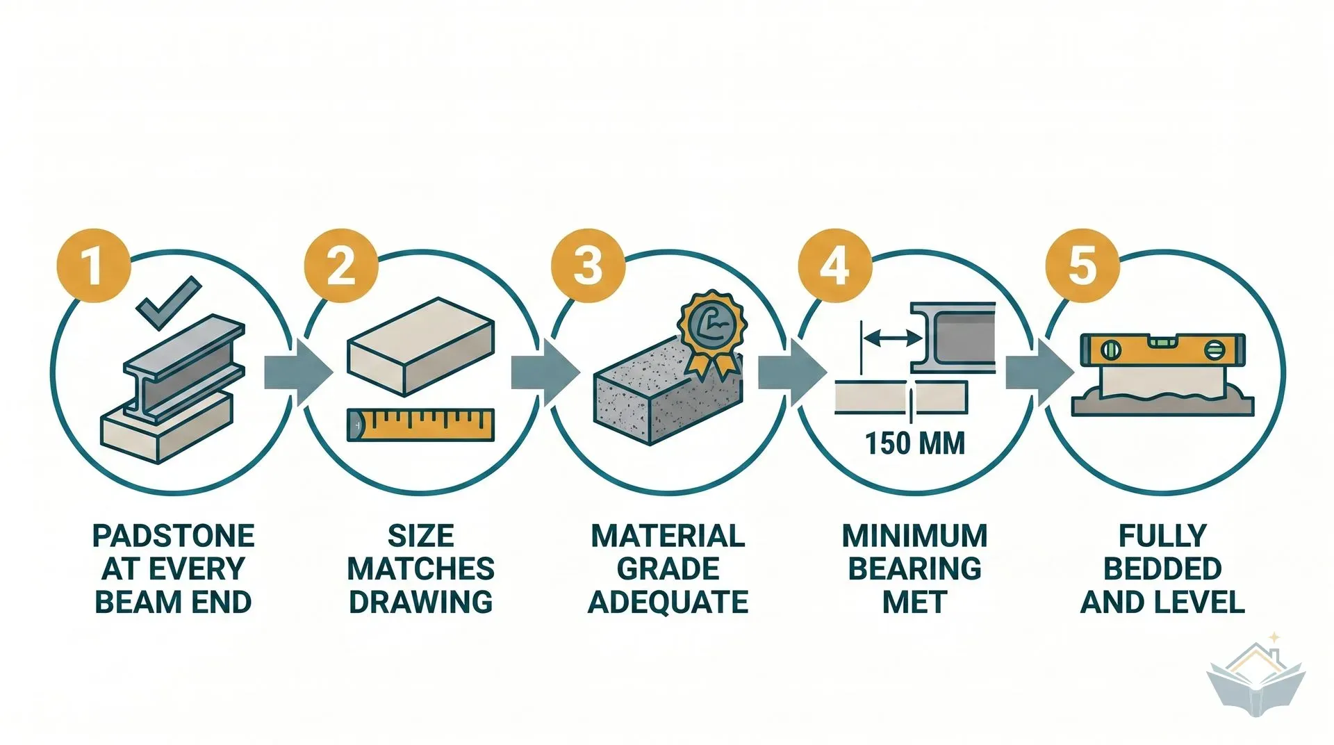 Five-point inspection checklist infographic for steel beam padstones before concealment: padstone present at every beam end, size matches the drawing, material grade adequate, minimum bearing met, fully bedded and level with no rocking