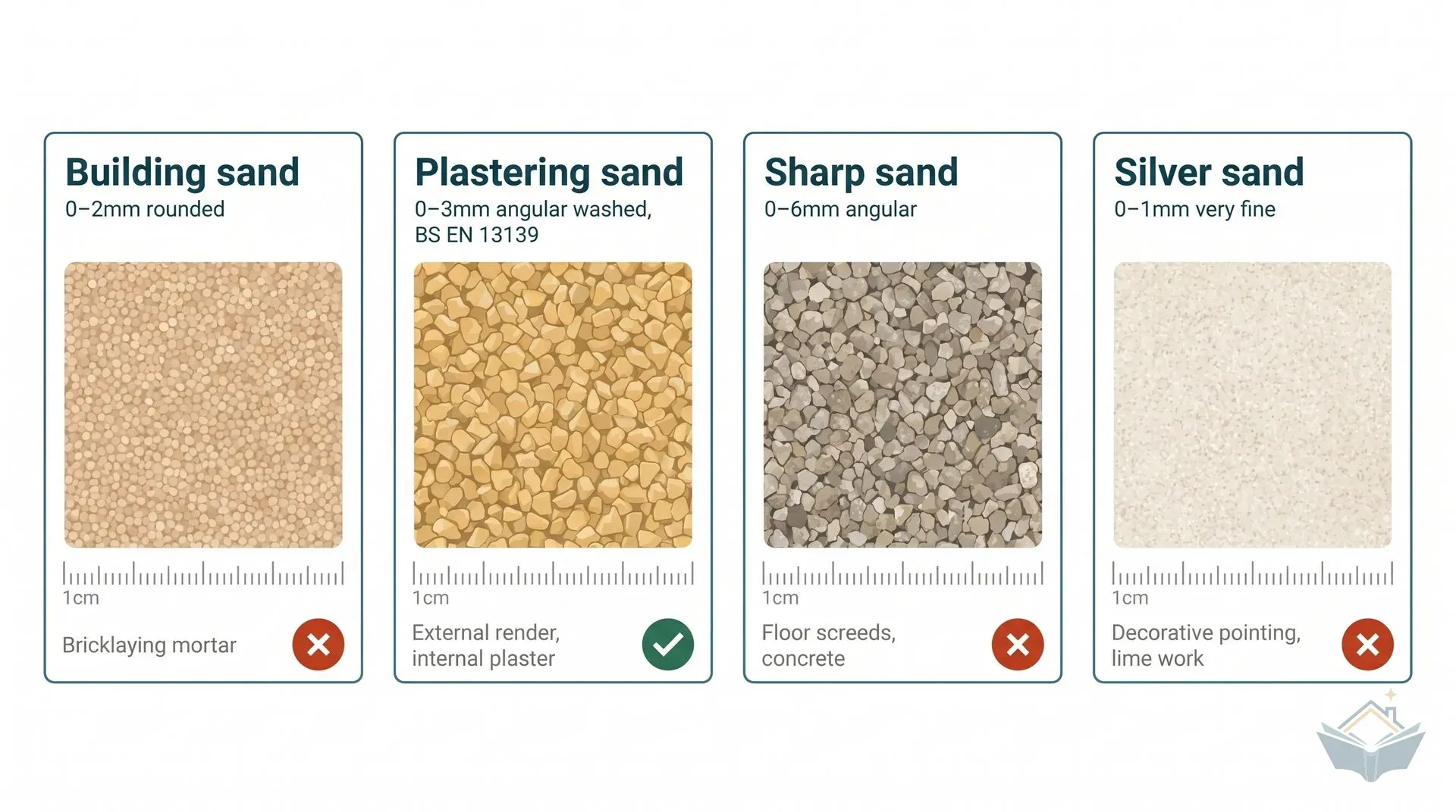 Four-panel infographic dashboard comparing UK construction sand types side by side. Each panel shows a magnified illustration of sand grains with grain size label, primary use, and a green tick or red cross badge indicating render suitability. Panels show: Building sand (0–2mm rounded, bricklaying mortar, not suitable for render), Plastering sand (0–3mm angular washed BS EN 13139, external render, suitable), Sharp sand (0–6mm angular, floor screeds, not suitable), Silver sand (0–1mm very fine, decorative pointing, not suitable).