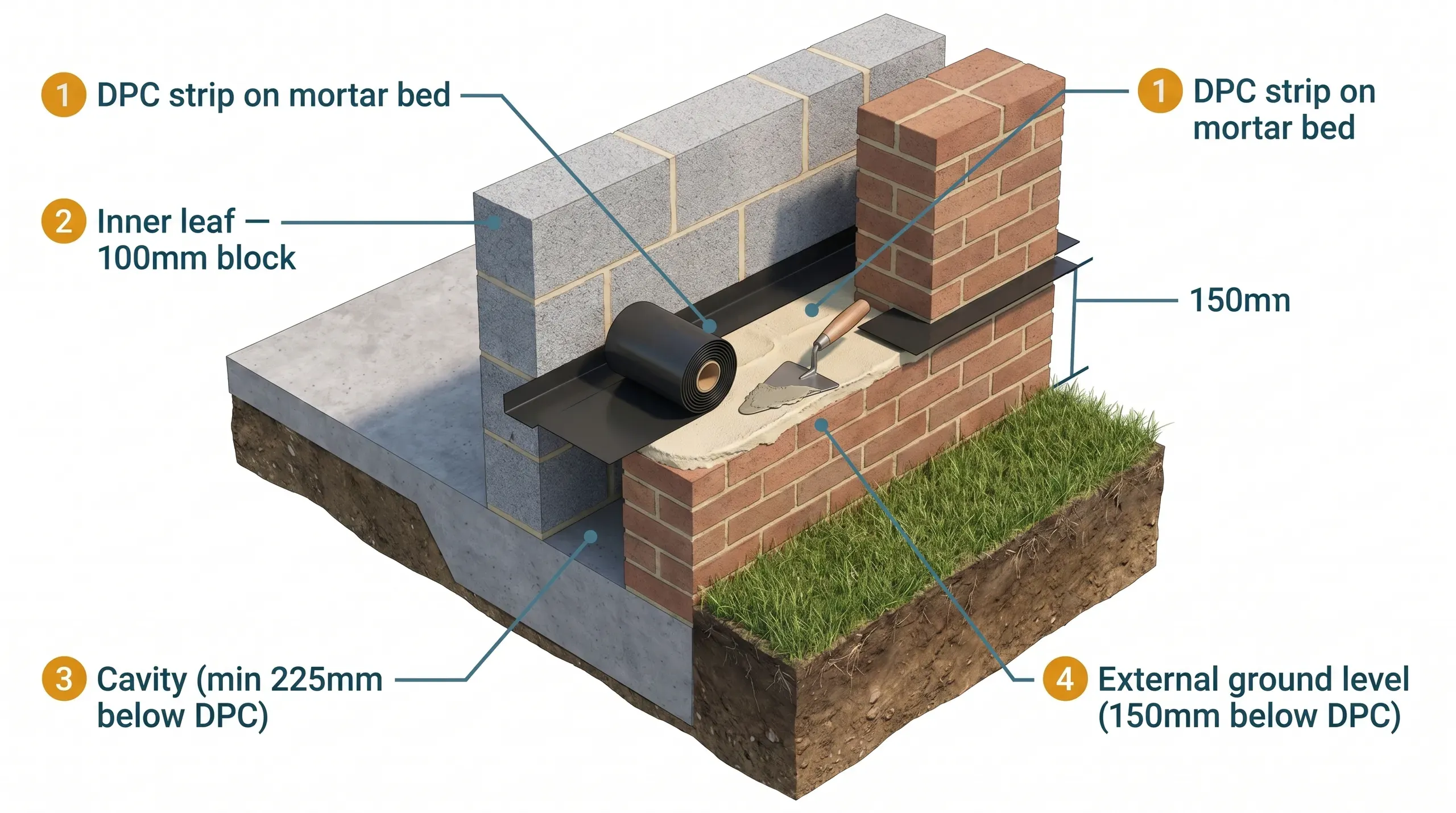 Black diamond-embossed polyethylene damp-proof course roll partly unrolled across a fresh mortar bed on a brick course, ready to be laid before the next course of blockwork on a UK extension build.