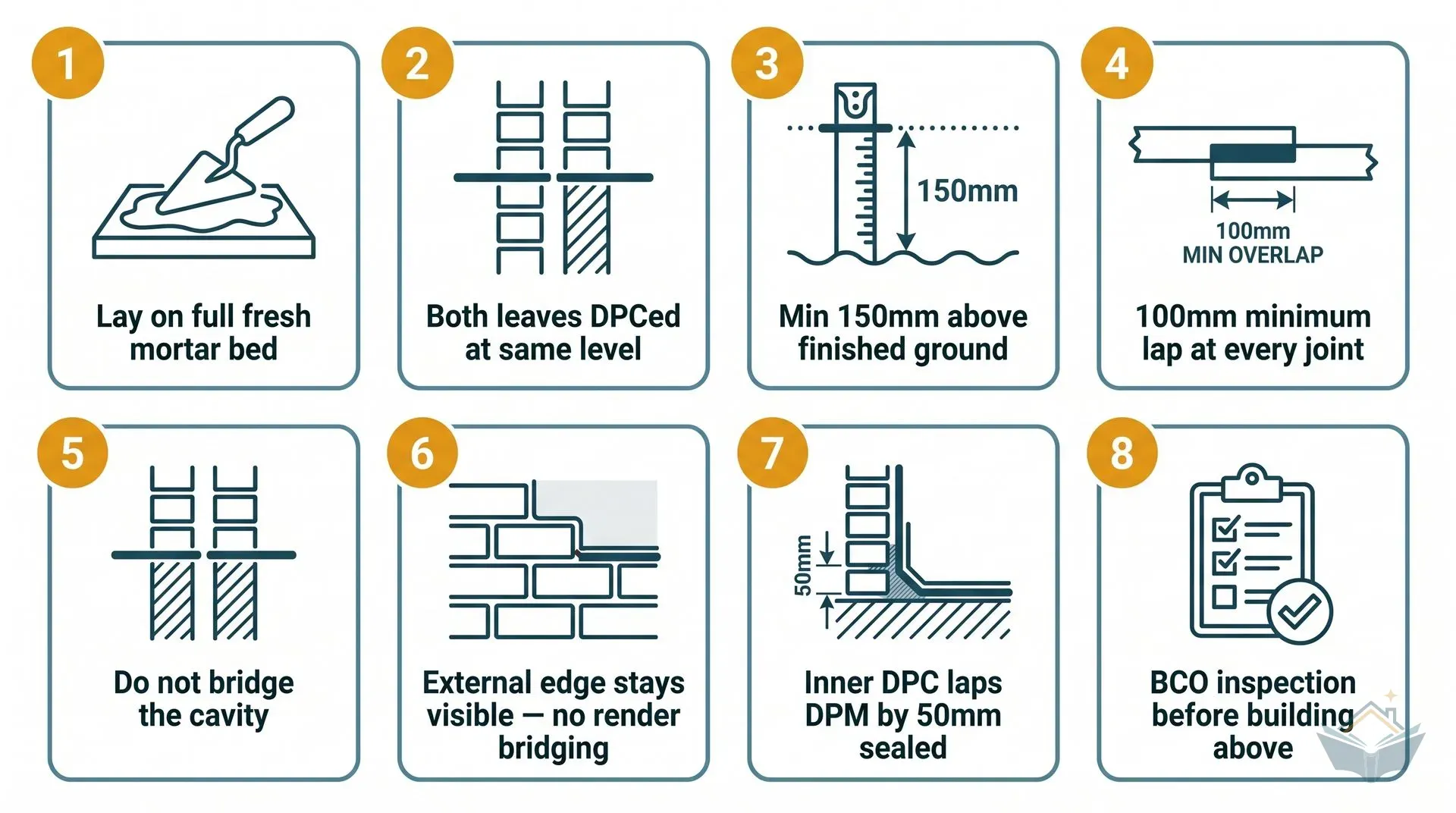 Eight-panel visual checklist showing the rules for correctly installing polyethylene DPC on a UK extension, arranged in a four-by-two grid. Each panel has an amber numbered badge, a line-drawing icon, and a short label covering: laying on a full fresh mortar bed, DPC-ing both leaves at the same level, maintaining 150mm minimum clearance above finished ground, overlapping joints by at least 100mm, not bridging the cavity, keeping the external edge visible without render bridging, sealing the inner DPC-to-DPM lap by 50mm, and getting BCO inspection before building above.