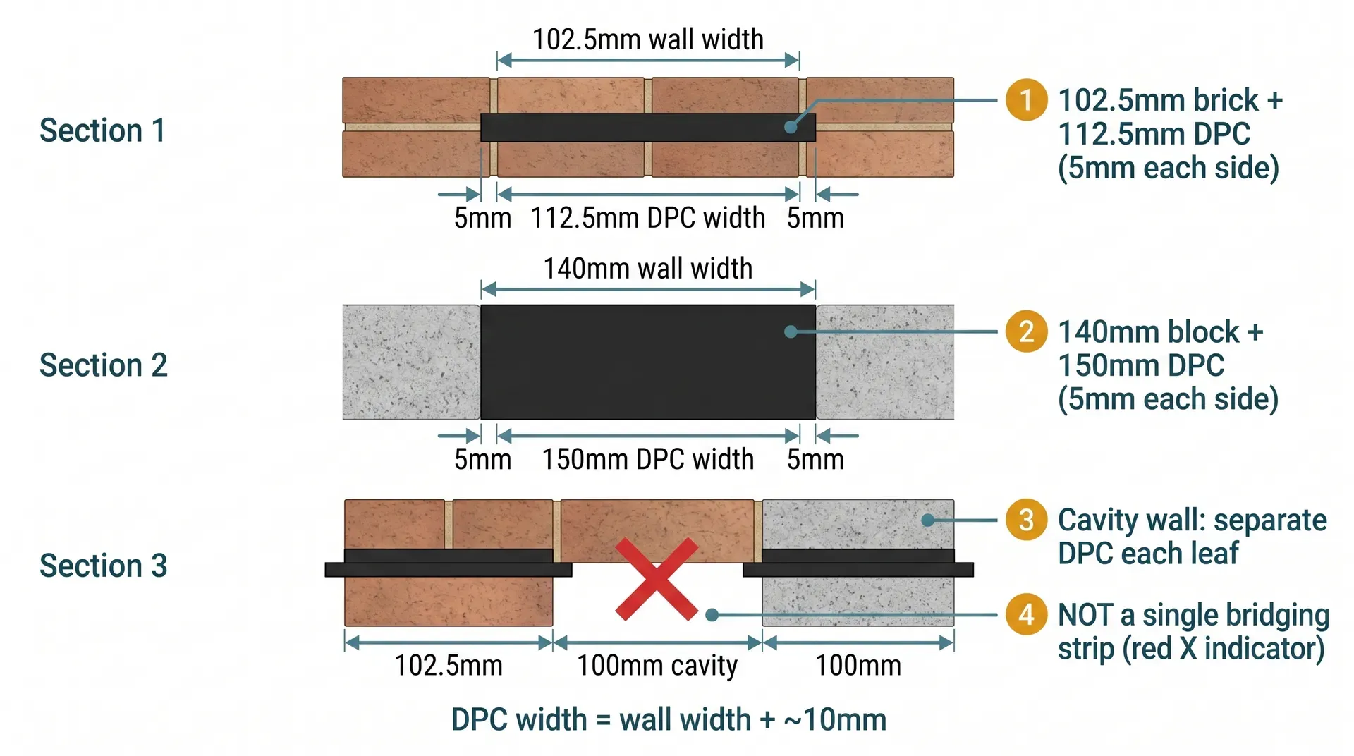 Plan-view cross-sections of three masonry wall types showing how DPC width relates to wall thickness: a 102.5mm brick leaf with 112.5mm DPC projecting 5mm each side, a 140mm block leaf with 150mm DPC projecting 5mm each side, and a cavity wall with two separate DPC strips - one on each leaf - rather than a single bridging strip.