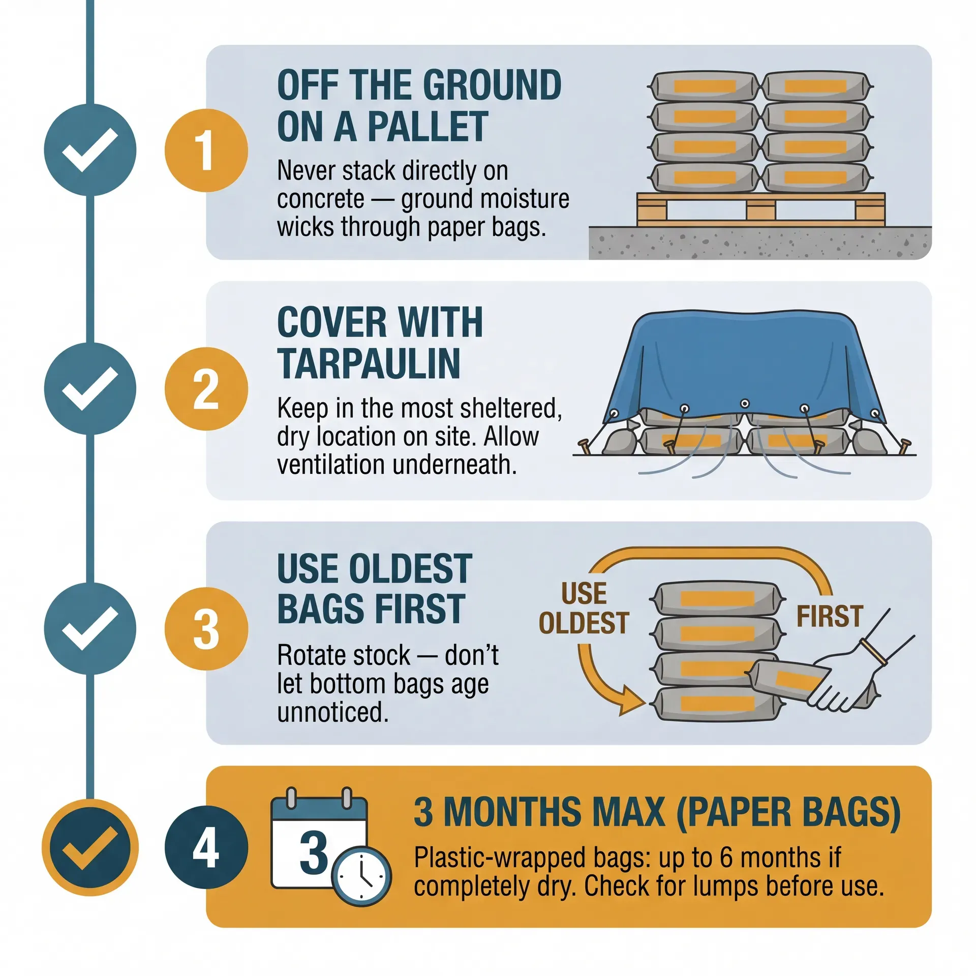 Four-panel vertical infographic showing correct site storage of cement bags: panel 1 shows bags stacked on a raised pallet off the ground; panel 2 shows bags covered with a tarpaulin; panel 3 shows a FIFO arrow diagram for using oldest bags first; panel 4 is an amber warning panel showing a calendar with clock icon and the text 3 months max for paper bags.