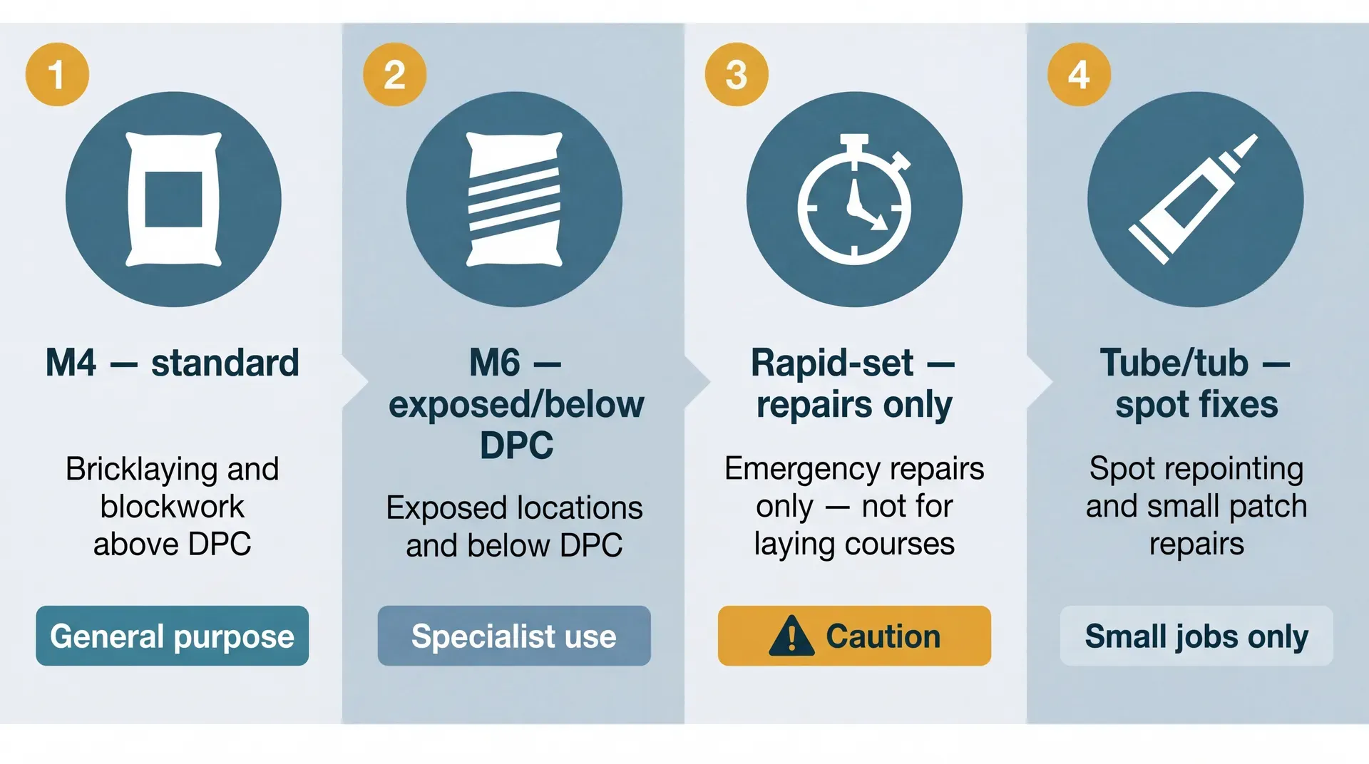 Four-panel infographic comparing premixed mortar product types: M4 general purpose for bricklaying above DPC, M6 for exposed locations and below DPC, rapid-set for emergency repairs only (caution), and tube or tub format for spot repointing and small patch repairs.