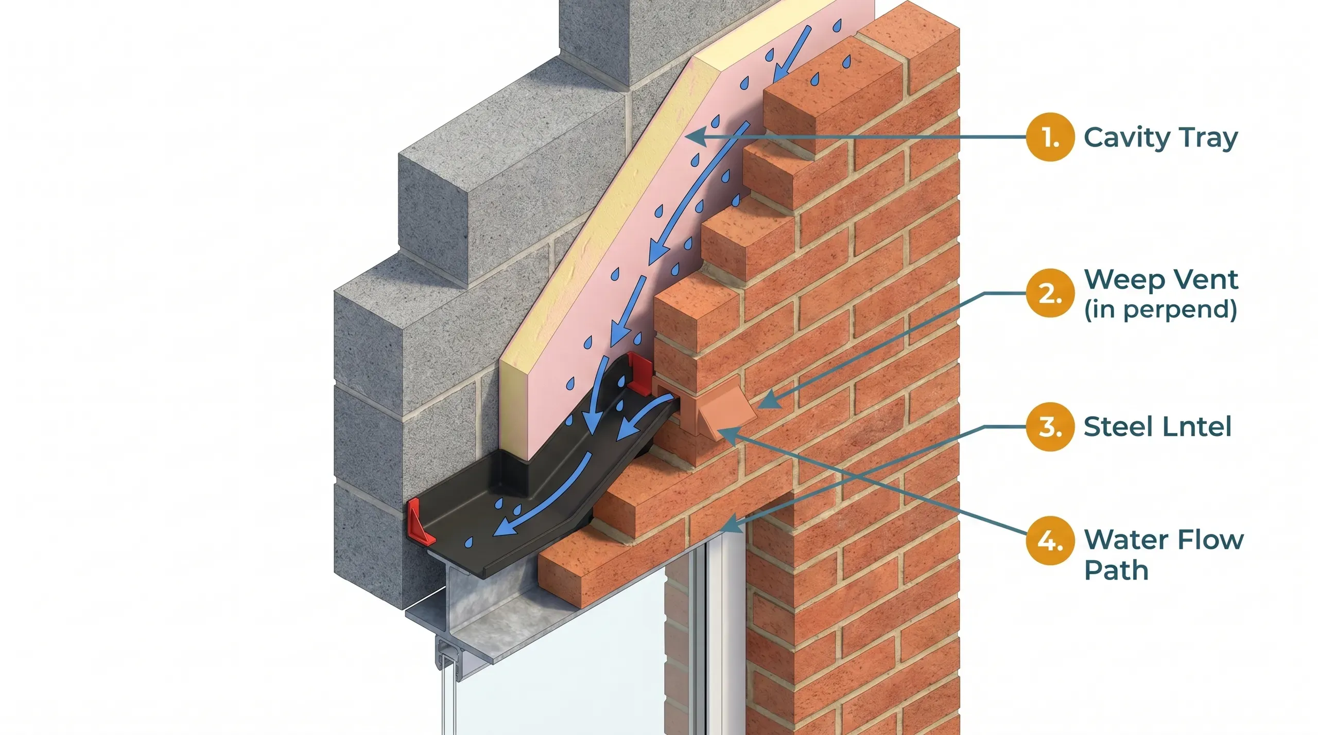 Close-up of a terracotta-coloured plastic weep vent fitted into the perpend mortar joint of a brick cavity wall, sitting directly above a dark grey cavity tray, with surrounding red brickwork and fresh mortar still visible