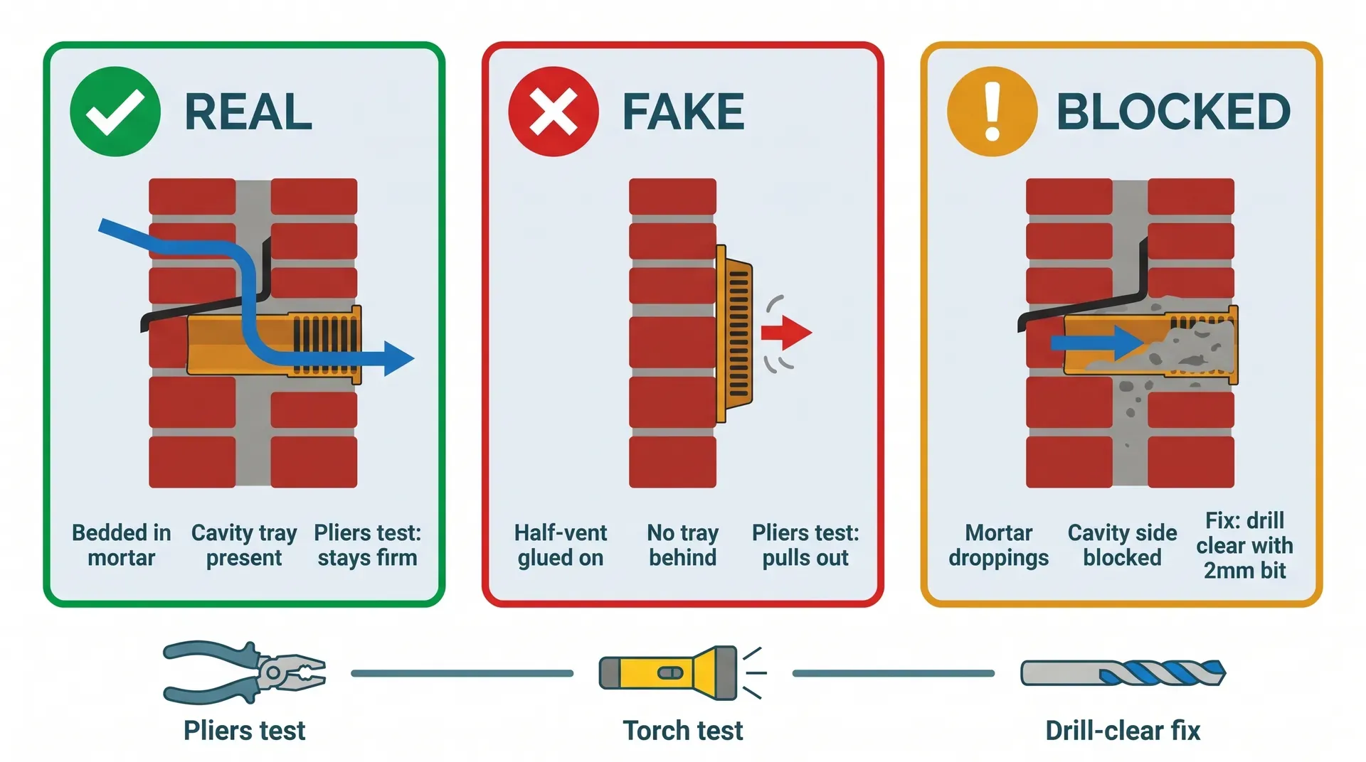Three-panel diagnostic infographic comparing a real weep vent (properly bedded with cavity tray, green tick), a fake weep vent (half-vent glued to brick face with no tray behind, red cross), and a blocked weep vent (mortar droppings filling the cavity-side opening, amber warning). Each panel shows the pliers test, torch test, and drill-clear fix.