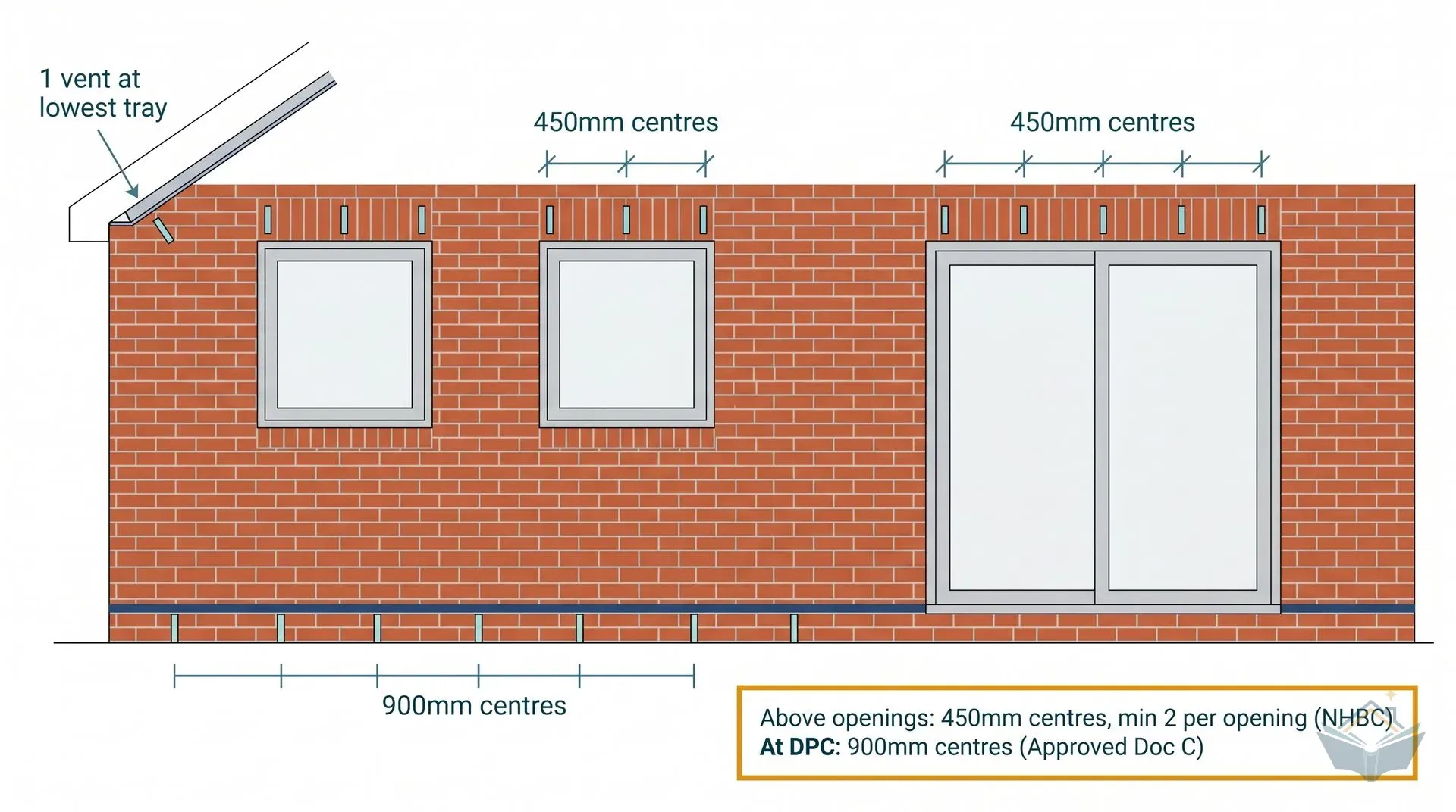 Annotated front elevation of a single-storey brick extension showing weep vent positions above two windows and a wide patio door at 450mm centres, and along the ground-level DPC at 900mm centres, with a labelled key panel summarising the NHBC and Approved Document C spacing rules.