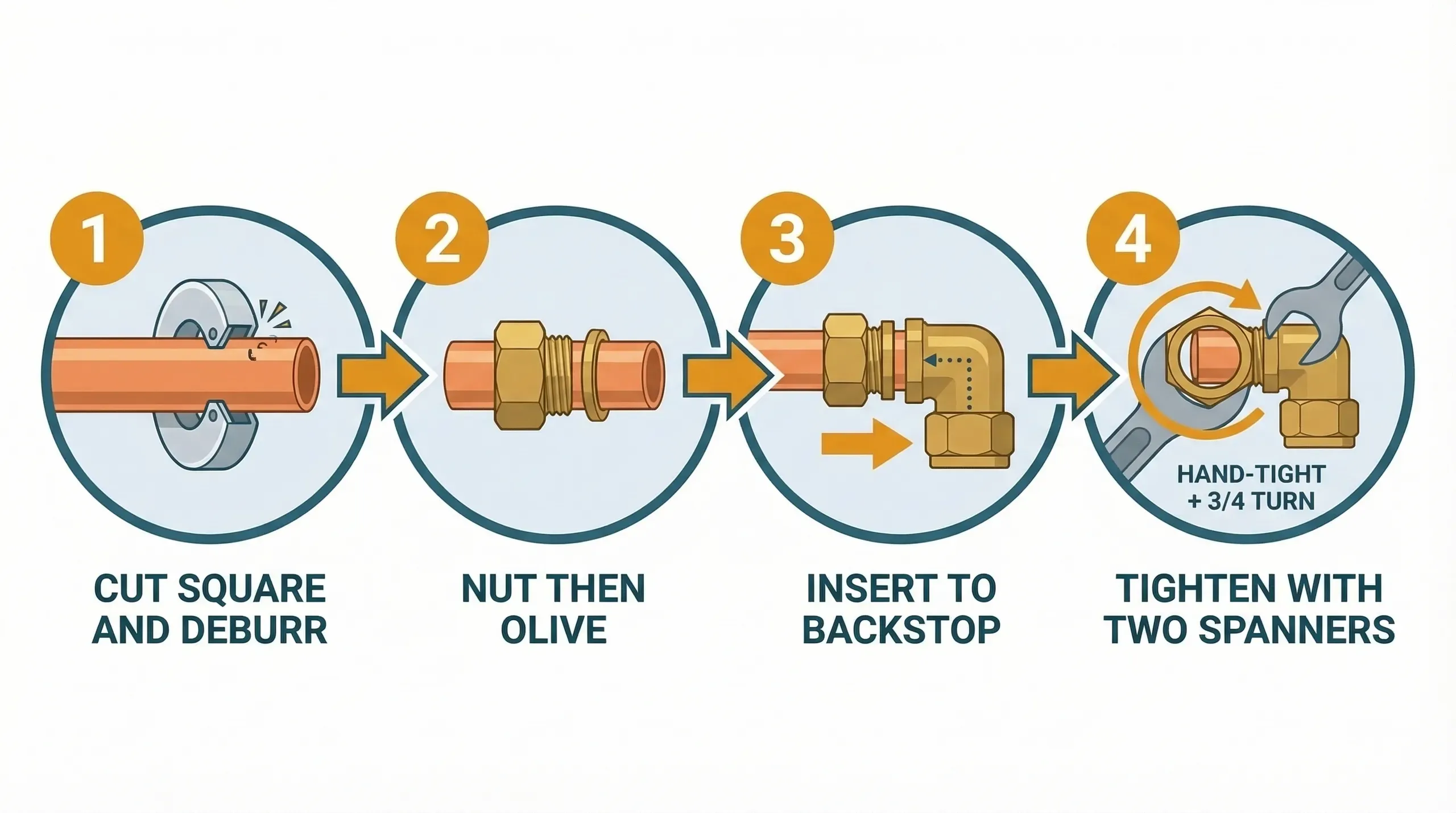 Four-step process infographic showing correct compression fitting assembly: Step 1 cut the pipe square and deburr, Step 2 slide nut then olive onto pipe, Step 3 insert pipe fully to the internal backstop inside the fitting body, Step 4 tighten with two spanners to hand-tight plus three-quarter turn.