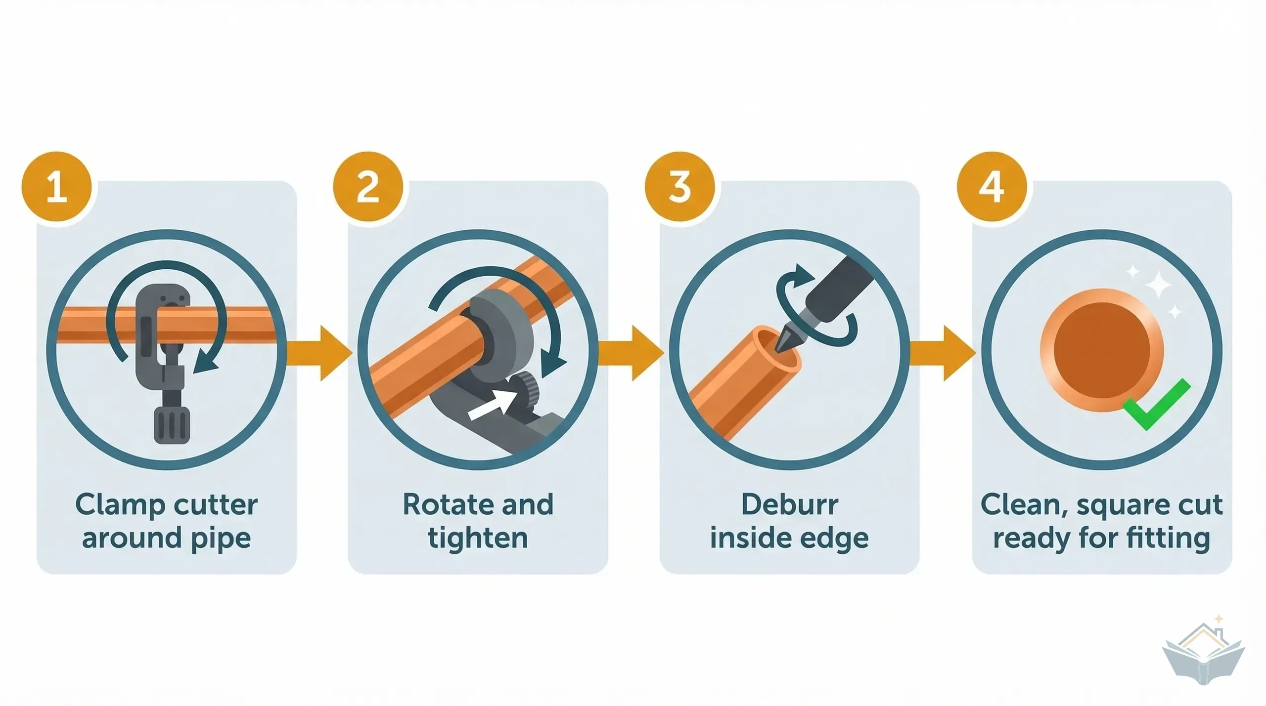 Four-step process infographic showing how to cut and deburr 15mm copper pipe: step 1 clamp the pipe cutter around the pipe, step 2 rotate and tighten the cutter wheel, step 3 use a deburring tool to remove the inner burr, step 4 the finished pipe end ready for fitting.