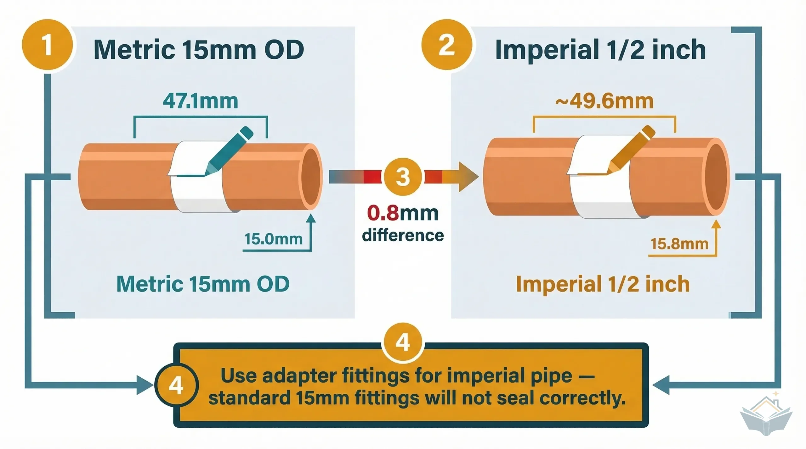 Side-by-side comparison showing the paper-wrap circumference test applied to metric 15mm copper pipe measuring 47.1mm and imperial 1/2 inch pipe measuring approximately 49.6mm, with a comparison bar highlighting the 0.8mm outside diameter difference and a warning to use adapter fittings for imperial pipe.