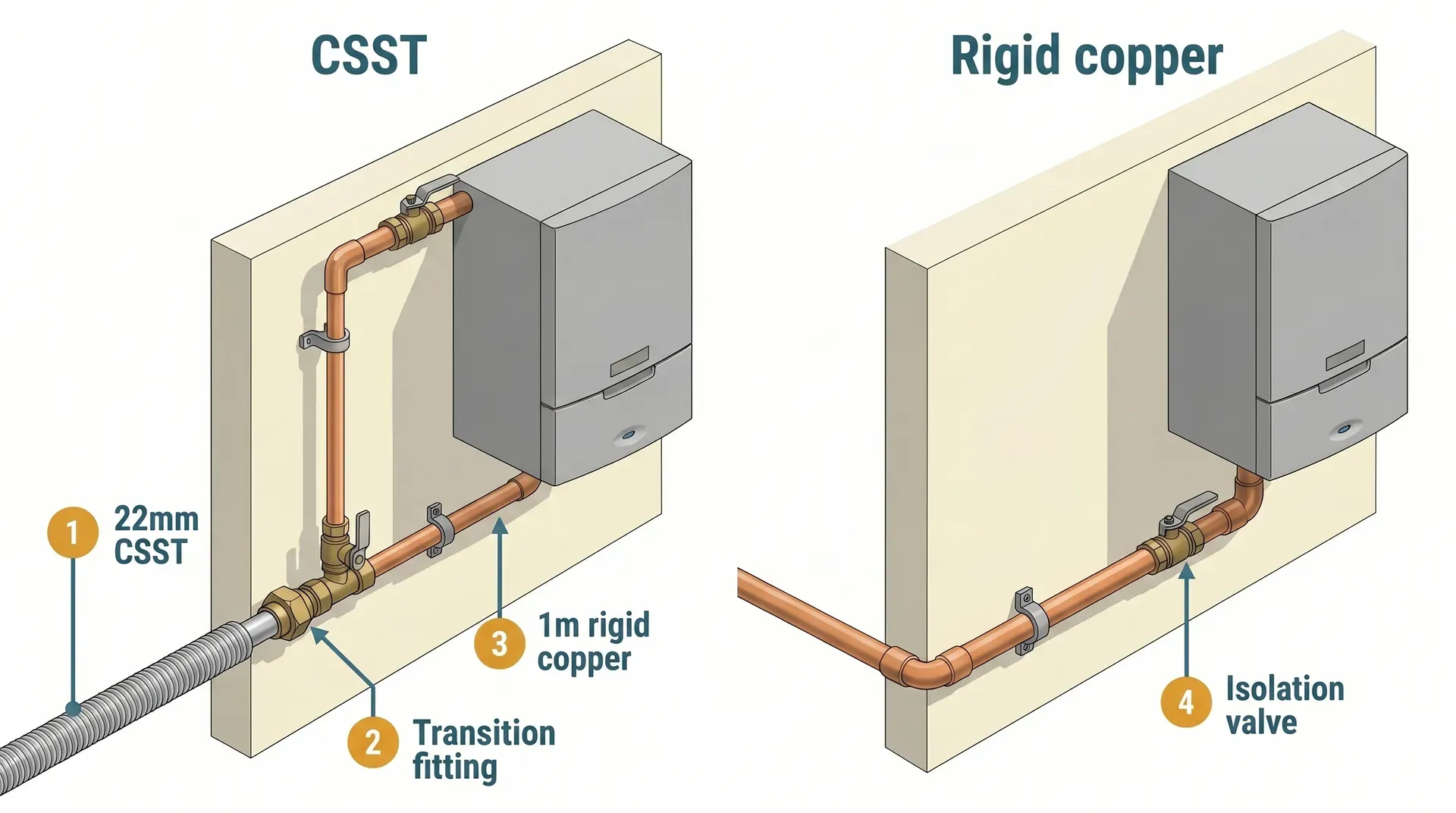 Side-by-side technical diagram showing two boiler connection methods: on the left, 22mm CSST flexible pipe transitioning via a mechanical fitting to a 1m rigid copper section before the boiler; on the right, a continuous 22mm rigid copper run with an elbow and isolation valve connecting to the same generic wall-hung boiler.
