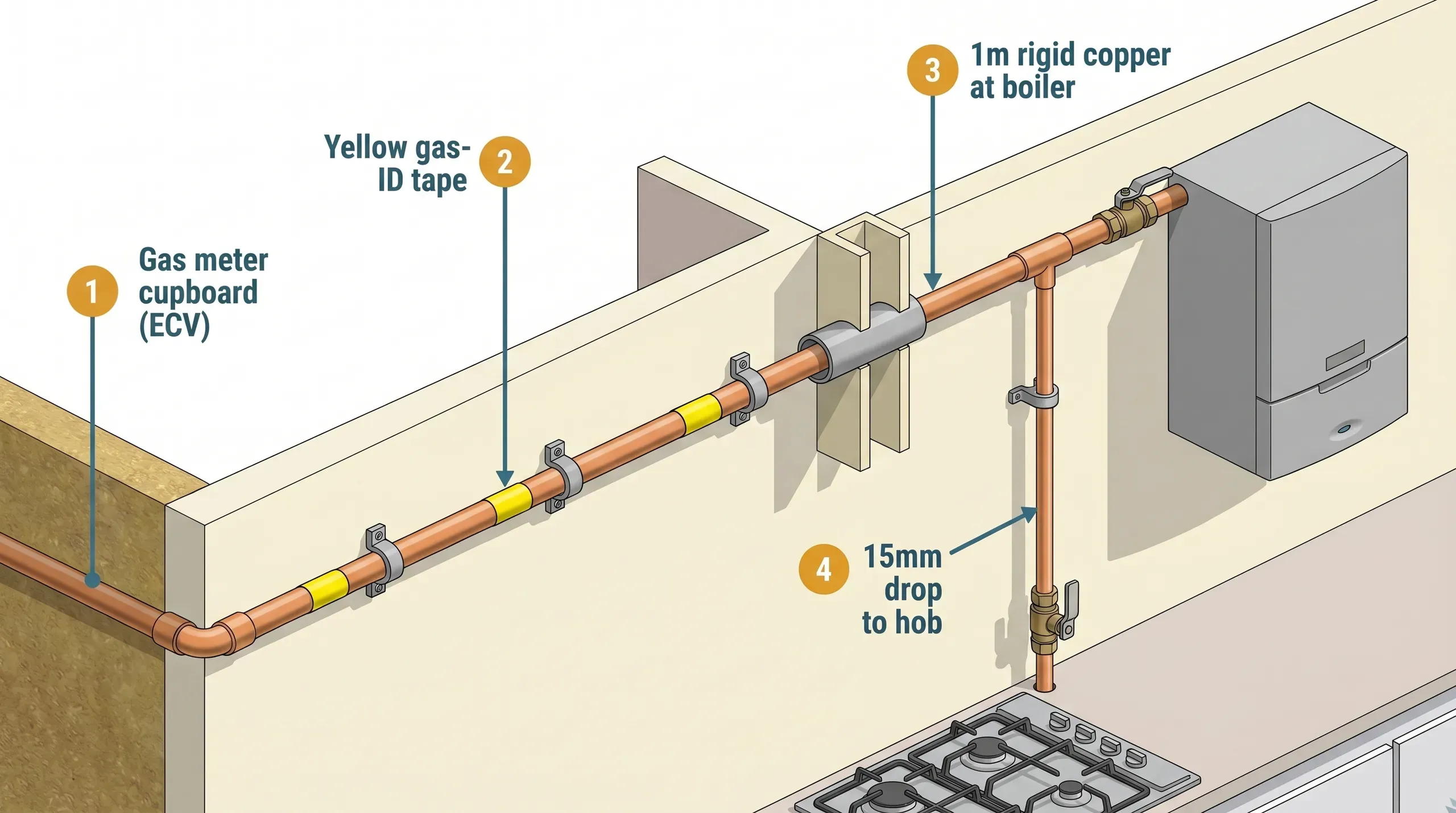A 22mm copper gas supply pipe running along a kitchen wall from a gas meter cupboard toward a wall-hung combi boiler, with rigid copper visible at the boiler connection and yellow gas-rated label tape applied at intervals