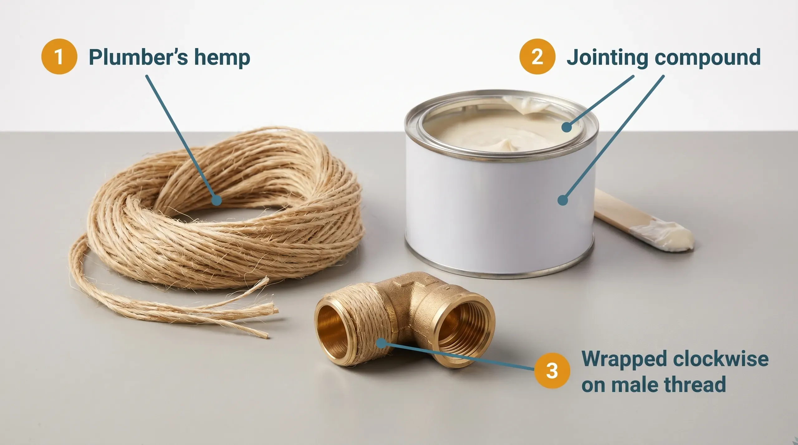 A skein of natural plumber's hemp fibre alongside a 400g tin of Fernox Water Hawk WRAS-approved jointing compound on a workbench, with a 1-inch brass BSP fitting in the foreground