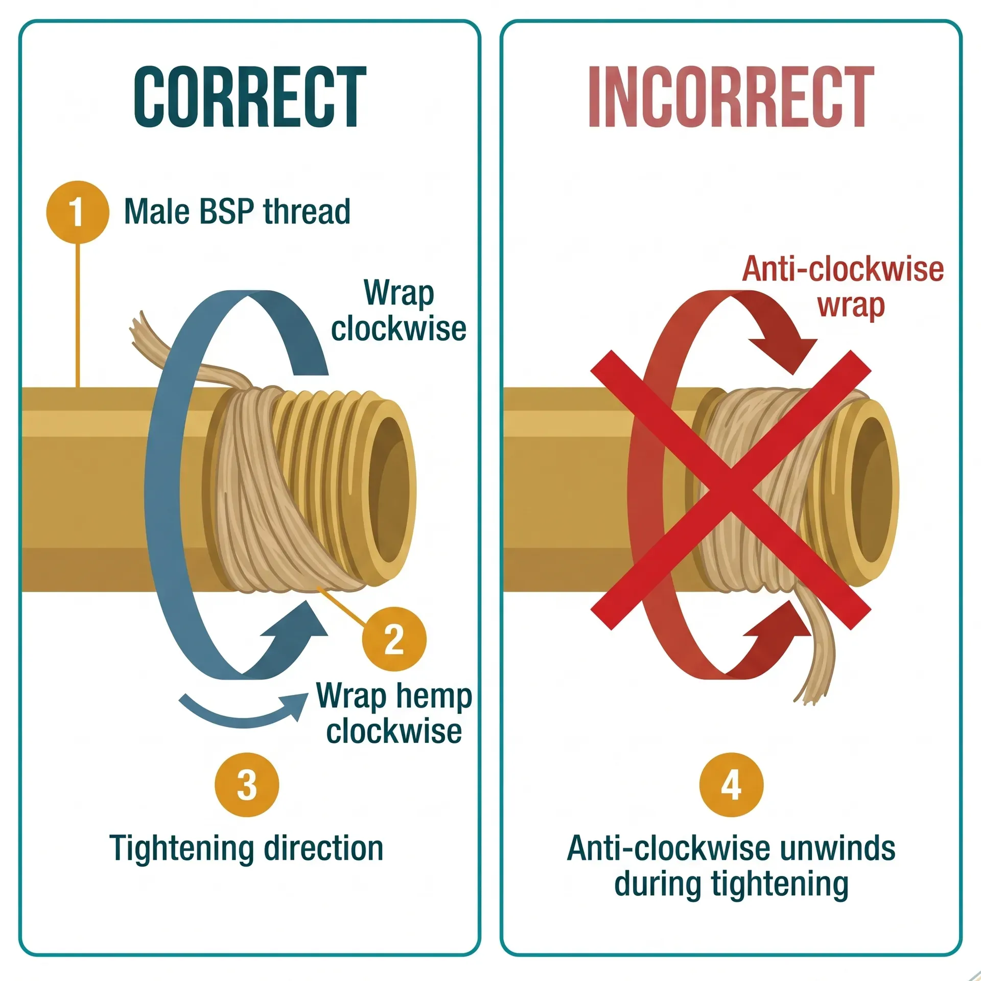 Side-by-side flat vector diagram showing correct clockwise hemp wrap on a male BSP threaded pipe (left panel, green tick) versus incorrect anti-clockwise wrap (right panel, red cross). Numbered callouts identify the male BSP thread, the clockwise wrap direction, the tightening direction, and the consequence of anti-clockwise wrapping.