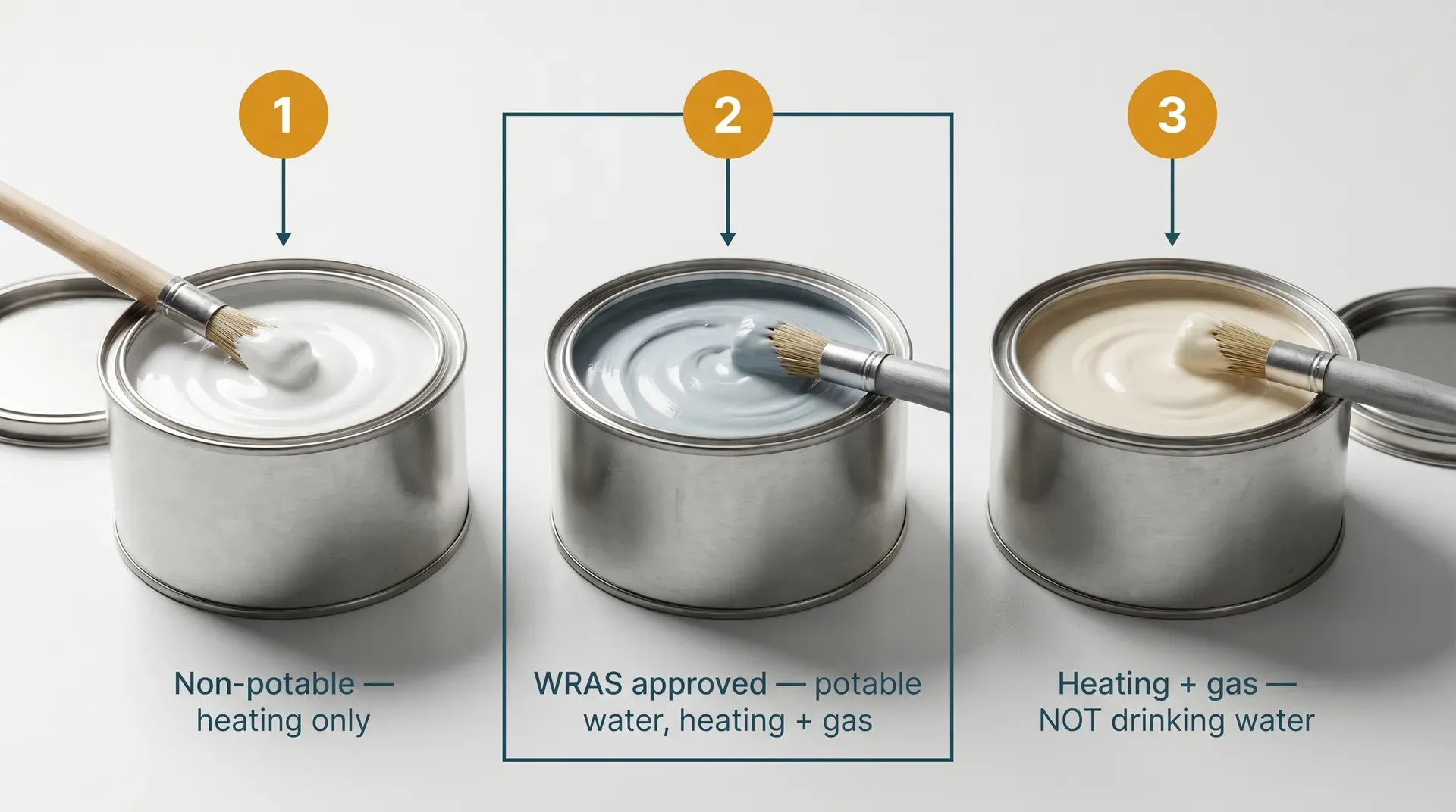 Three round metal plumber's jointing compound tins side by side on a workbench. From left to right: white paste (heating only), grey-blue paste (WRAS approved for potable water, heating and gas), and cream paste (heating and gas, not for drinking water). Each tin is numbered and captioned to identify its approved applications.