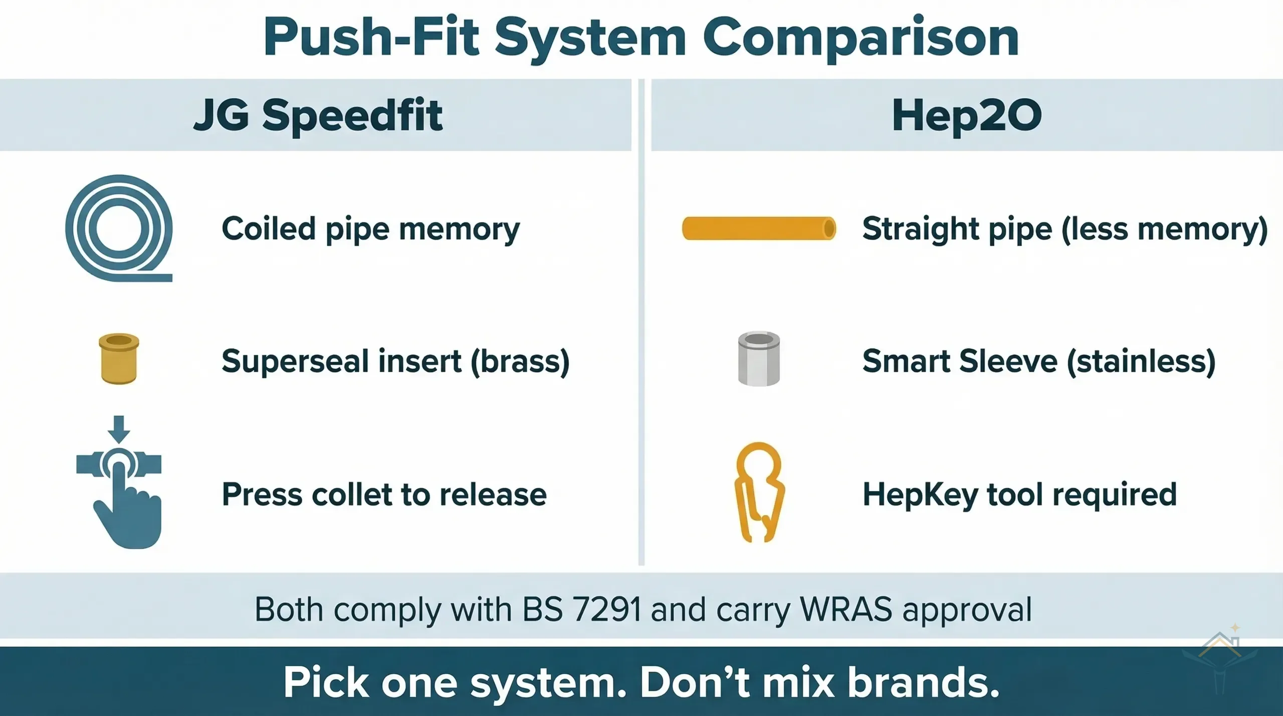 Side-by-side infographic comparing JG Speedfit and Hep2O push-fit plumbing systems. Left column shows Speedfit with coiled pipe memory, brass Superseal insert, and press-collet release. Right column shows Hep2O with straight pipe, stainless Smart Sleeve insert, and HepKey tool requirement. A shared footer notes both comply with BS 7291 and WRAS approval.