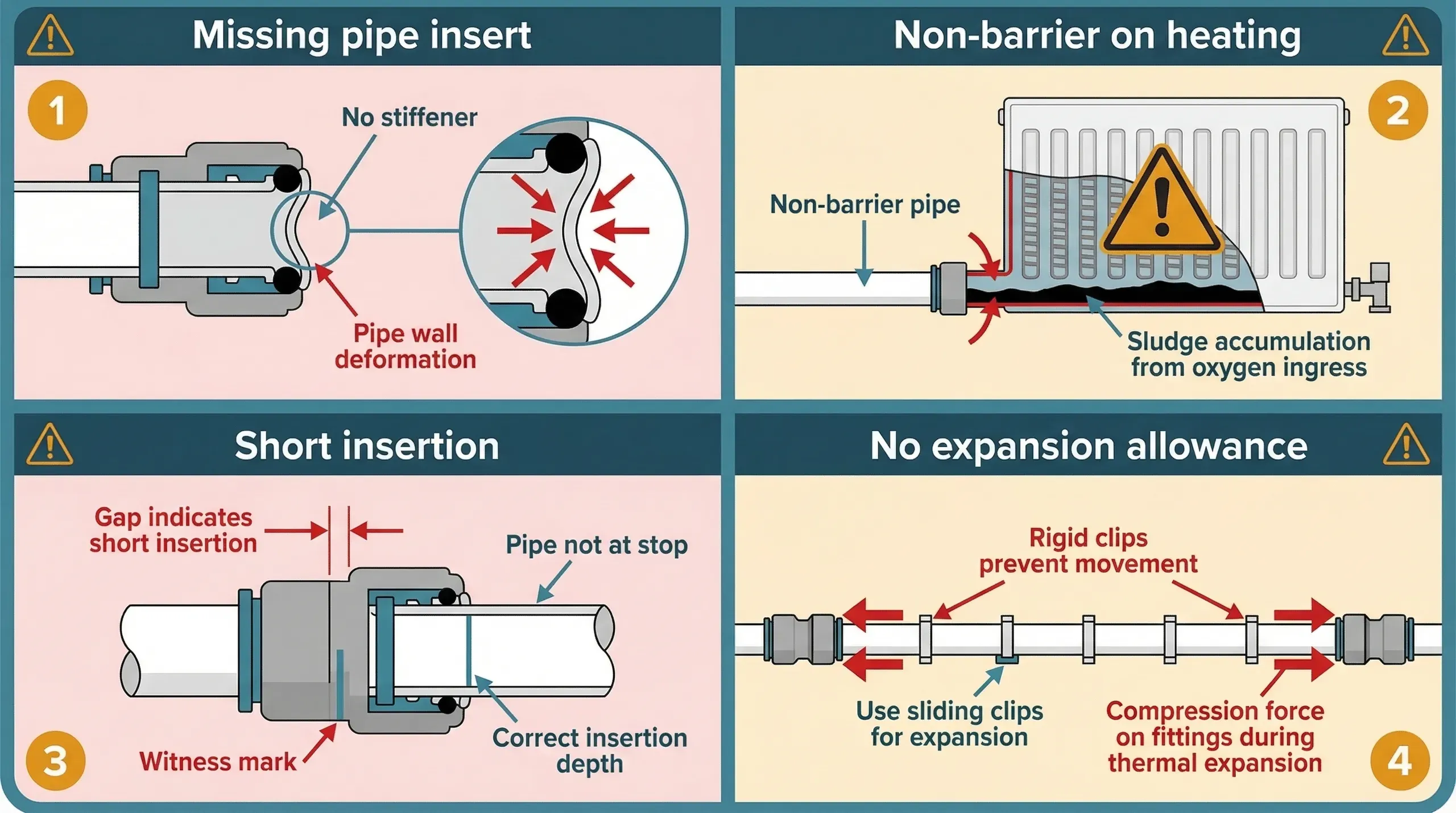 Four-panel infographic illustrating the most common push-fit installation errors: missing pipe insert causing pipe wall deformation, non-barrier pipe on heating causing black sludge buildup in radiators, short insertion leaving the witness mark outside the fitting, and rigid clipping with no expansion allowance causing stress at fittings.