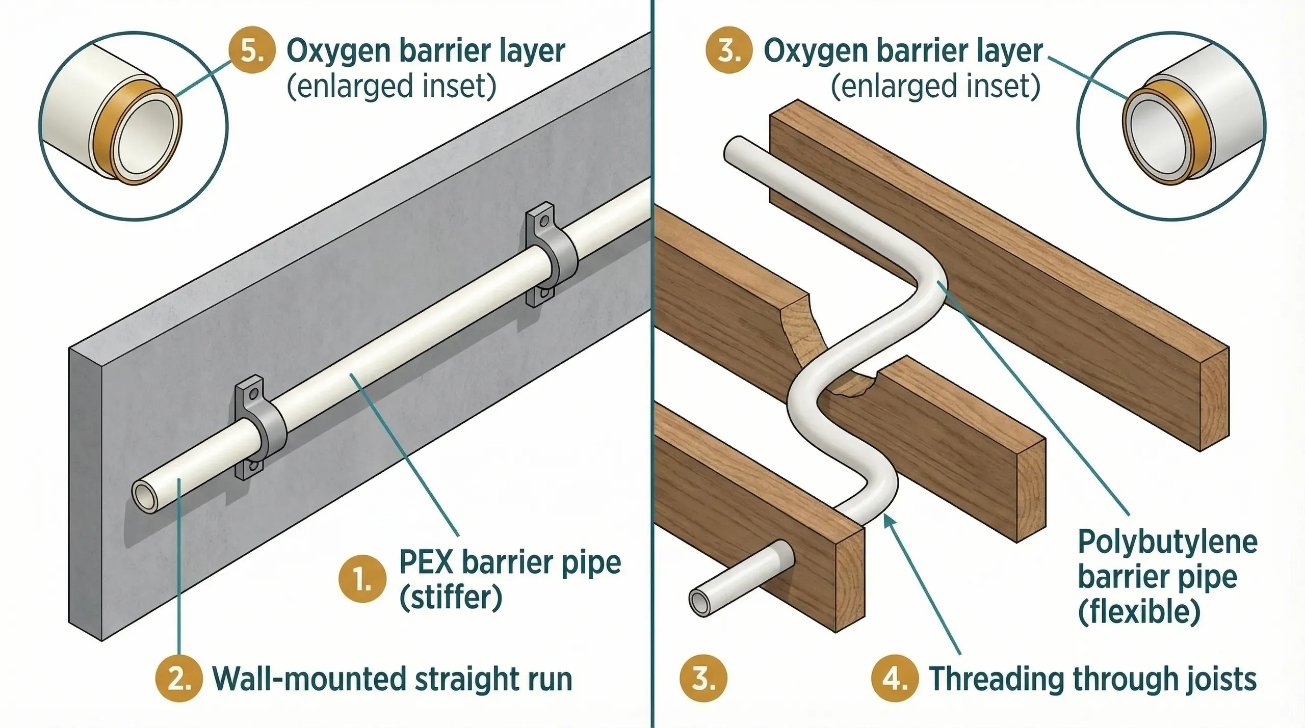 Side-by-side isometric technical diagram comparing 22mm PEX barrier pipe mounted in a straight run along a wall with 22mm polybutylene pipe threading flexibly through floor joists, with cross-section insets showing the oxygen barrier layer in both pipe types.