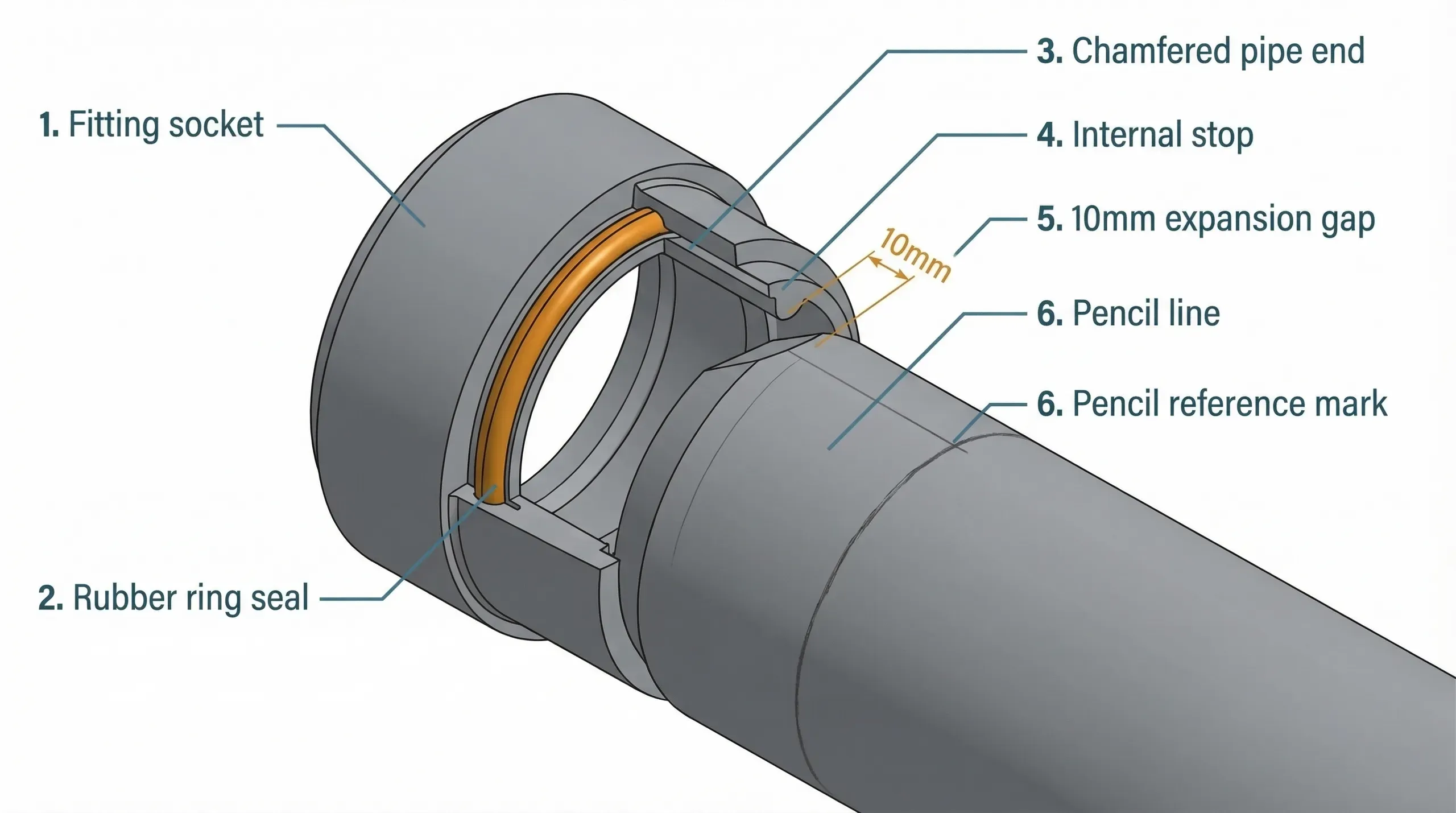 Cross-section cutaway of a 110mm push-fit ring-seal joint showing the grey uPVC pipe inserted into a fitting socket, with the orange rubber O-ring seal in its groove, the chamfered pipe end, the internal stop ridge, a 10mm expansion gap, and a pencil reference mark on the pipe exterior.
