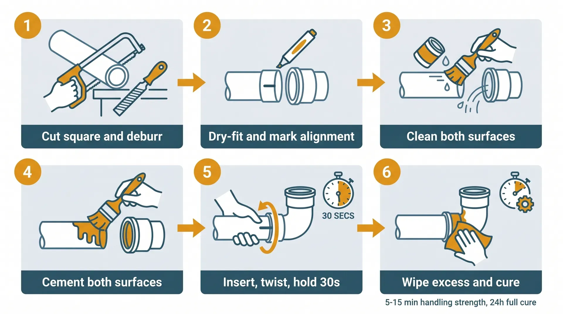 Six-panel process infographic showing the correct solvent-weld joint application sequence: cut pipe square and deburr, dry-fit and mark alignment with a felt-tip pen, apply solvent cleaner to both surfaces, apply cement to both surfaces, insert the pipe with a quarter-twist and hold for 30 seconds, then wipe excess cement and allow to cure for 24 hours.