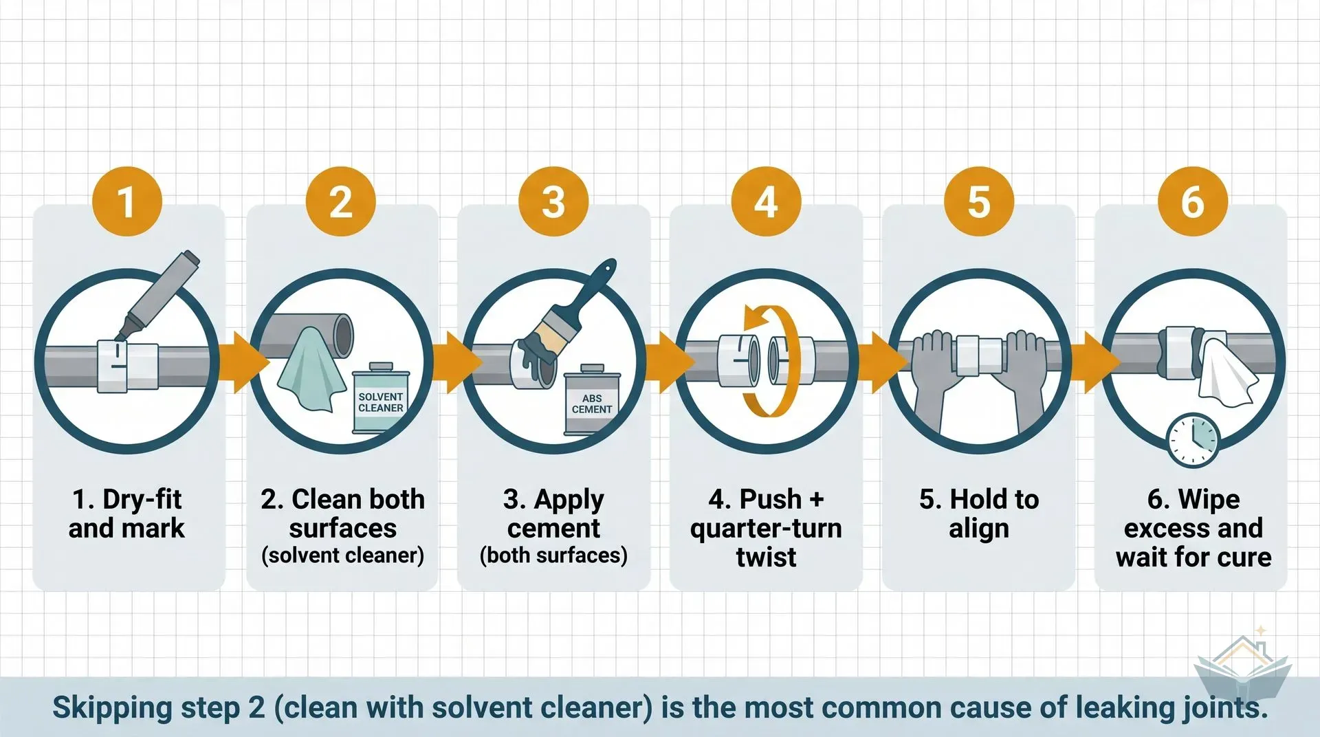 Six-step process infographic showing how to make a leak-tight ABS solvent-weld waste pipe joint: dry-fit and mark, clean both surfaces with solvent cleaner, apply ABS cement to both surfaces, push and quarter-turn twist, hold to align, then wipe excess cement and wait for full cure.