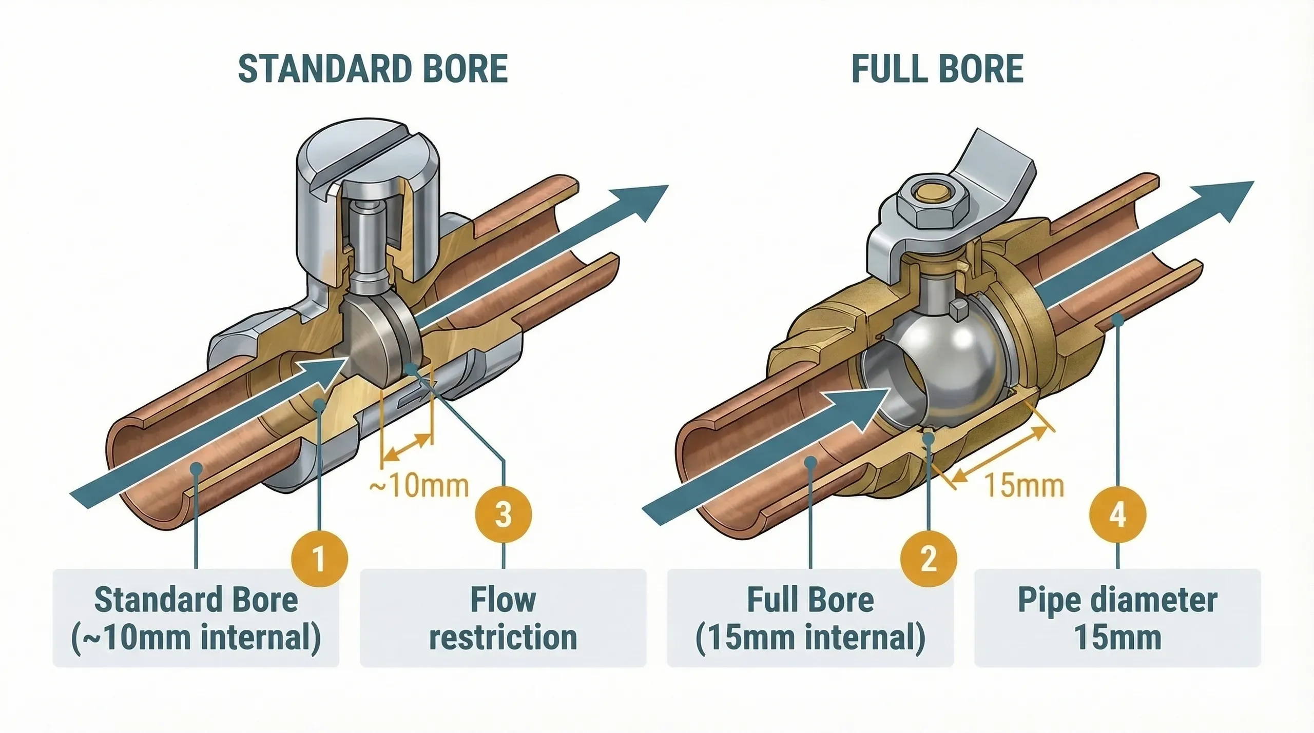 Cutaway cross-section comparison of two 15mm isolation valves side by side. The left valve (Standard Bore) shows the internal passage narrowed to approximately 10mm by the valve disc, with a dimension annotation and a narrower flow arrow indicating restricted flow. The right valve (Full Bore) shows the internal passage matching the full 15mm pipe diameter with a full-width flow arrow indicating unrestricted flow. Both valves are shown with 15mm copper pipe stubs.