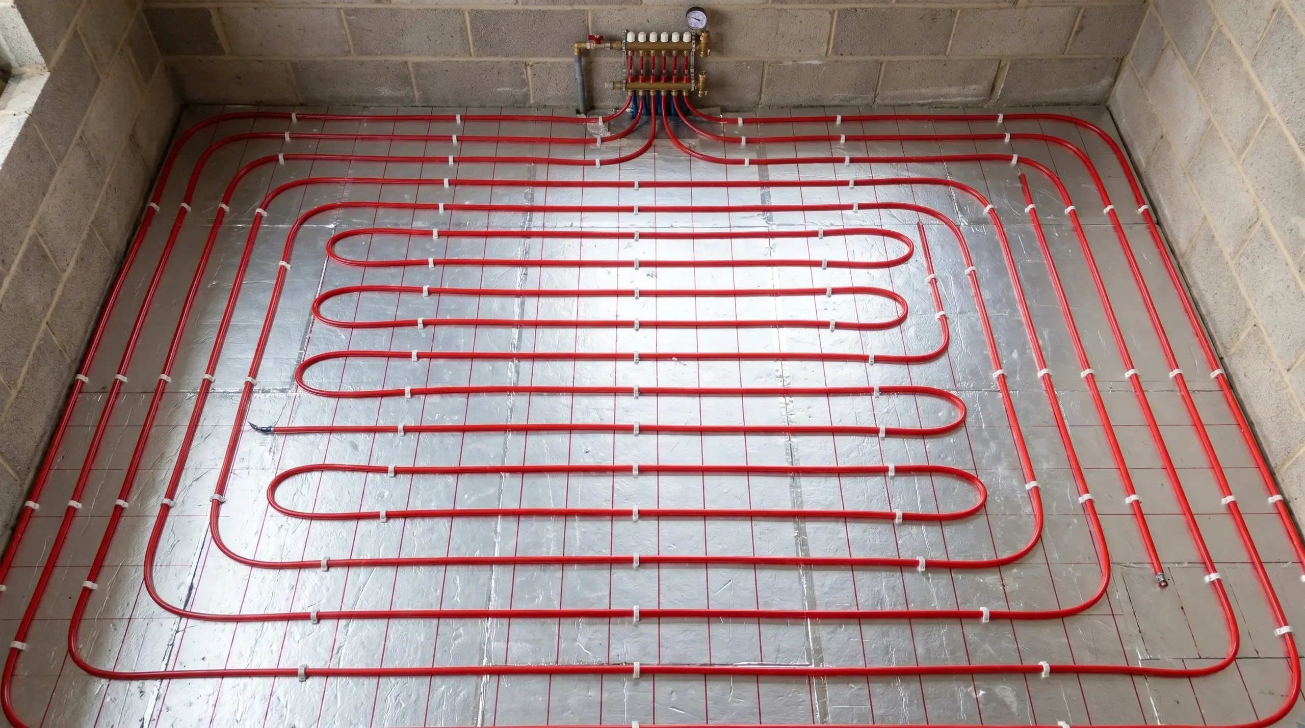 A coil of red 16mm PERT-AL-PERT underfloor heating pipe partially uncoiled across foil-faced PIR insulation boards, with white plastic clip rails holding loops in place ready for a screed pour