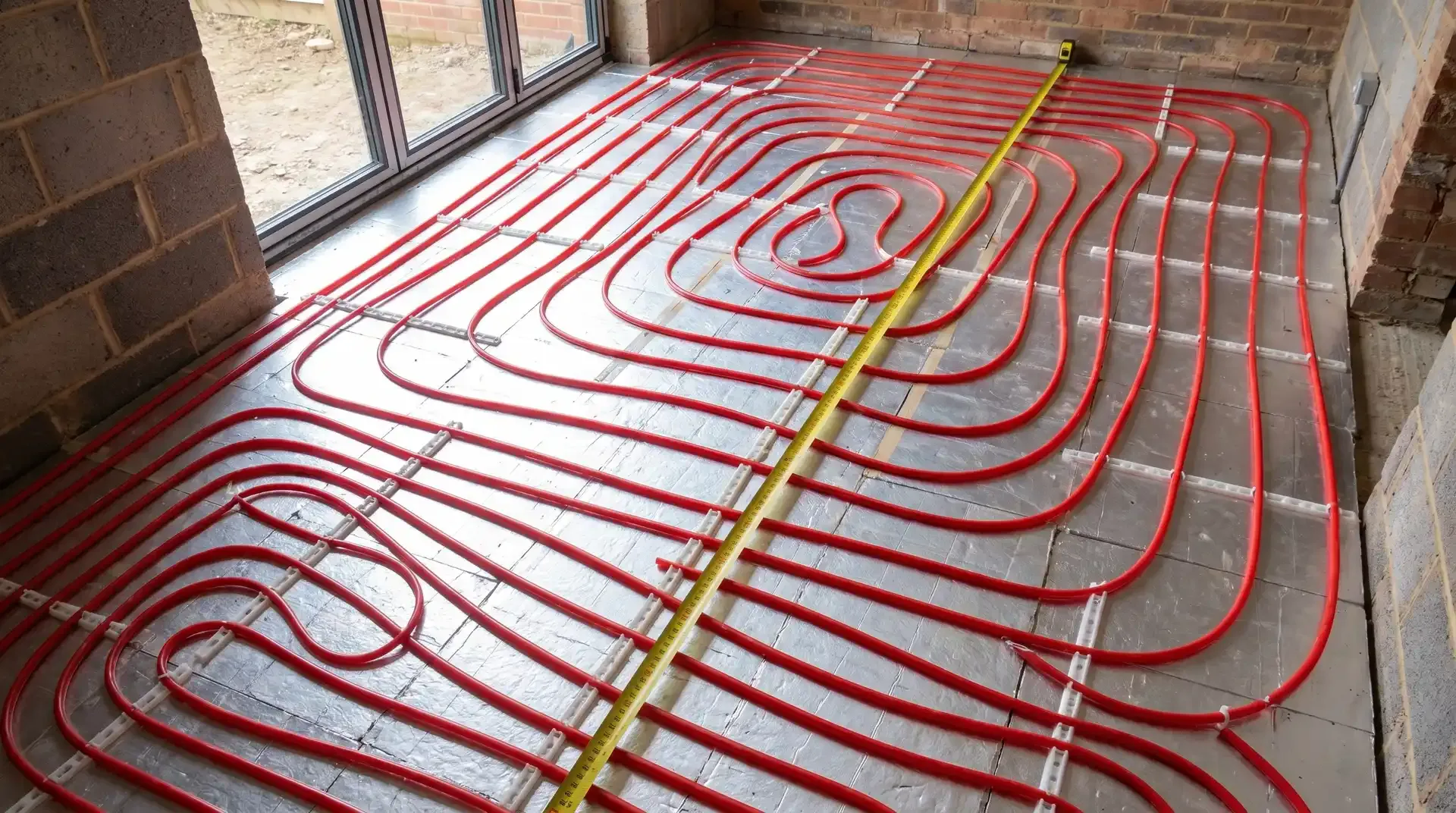 Red 16mm UFH pipe laid in a serpentine pattern across silver foil-faced PIR insulation, secured with white plastic clip rails. Pipe spacing tightens to 100mm at the external wall perimeter near a patio door and opens to 200mm in the central floor area. A yellow measuring tape is laid across the floor for scale.